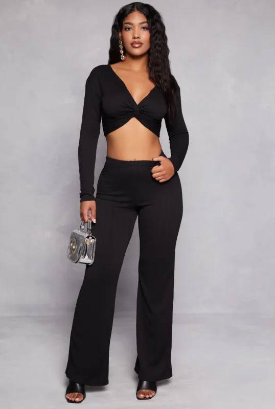 Textured Knit Wide Leg High Waist Pants sold by Rainbow
