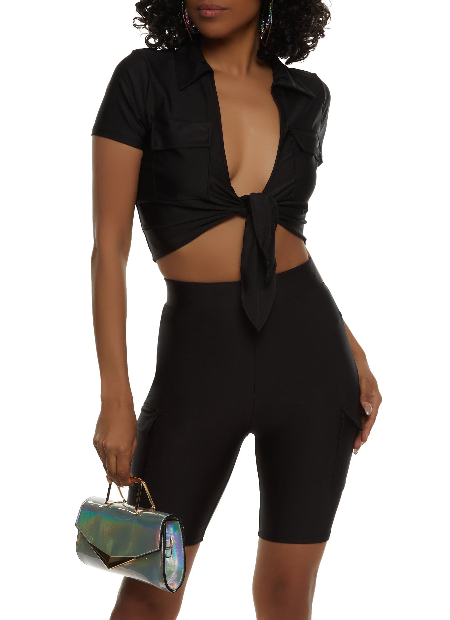 Spandex Flap Pocket Tie Front Crop Top sold by Rainbow product image thumbnail 2