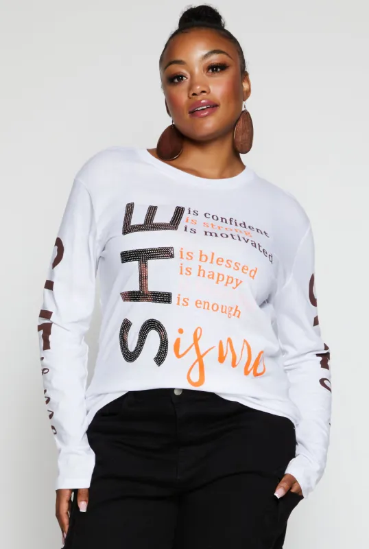 Plus Size She Is Sequin Graphic Tee sold by Rainbow