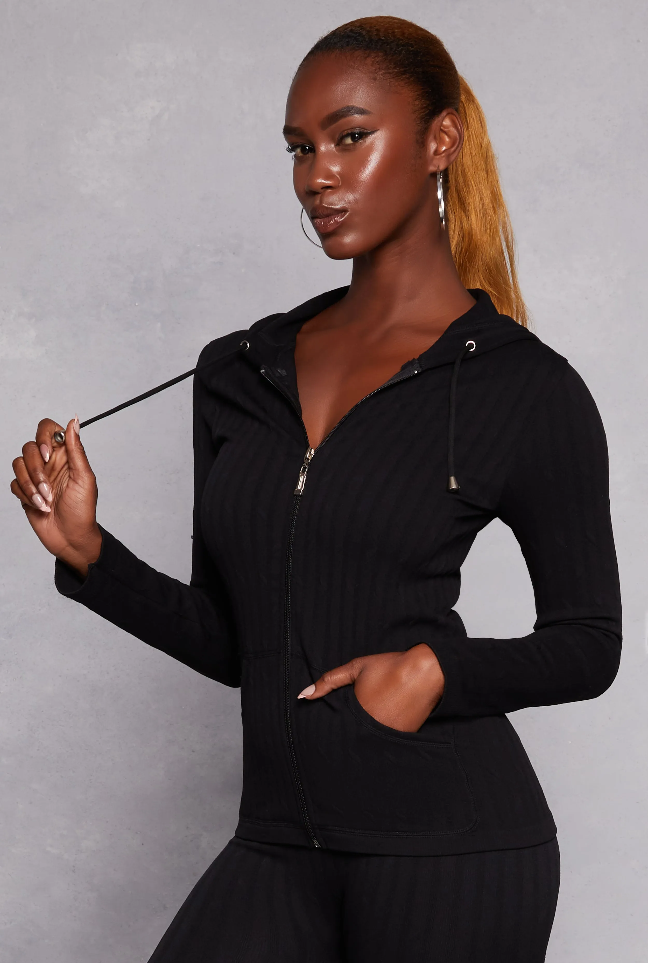 Seamless Textured Knit Zip Front Hoodie sold by Rainbow