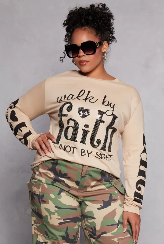 Plus Size Sequin Walk By Faith Graphic Tee sold by Rainbow