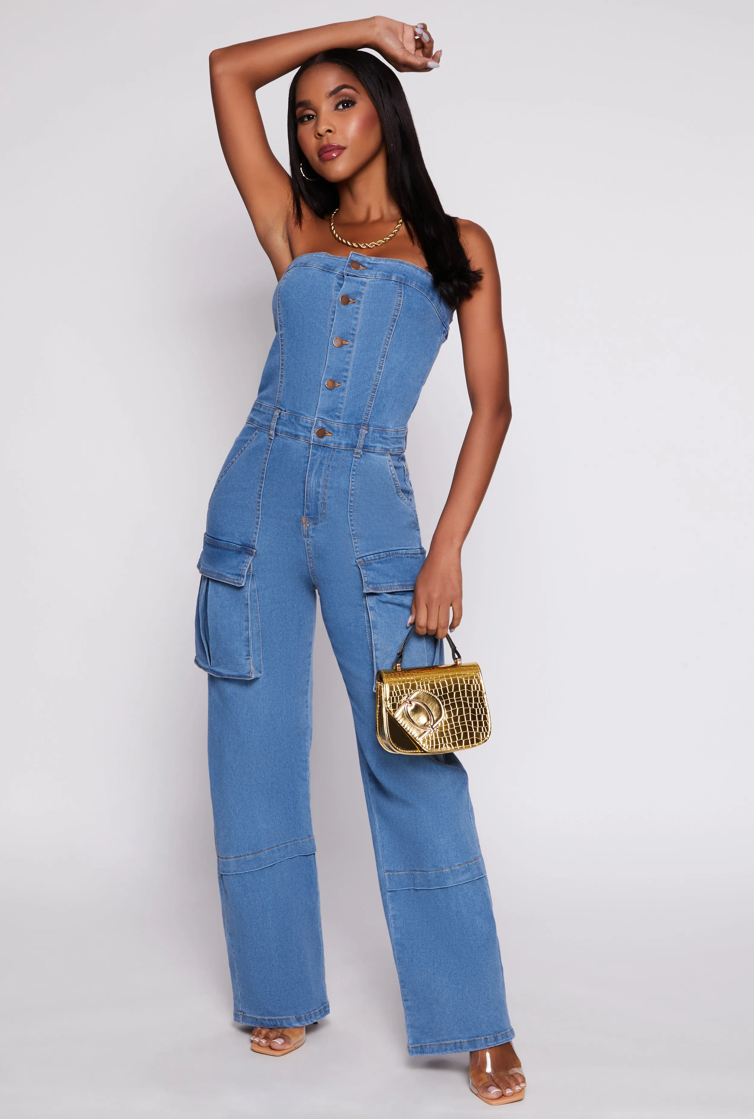 Daisy Strapless Denim Cargo Jumpsuit sold by Rainbow
