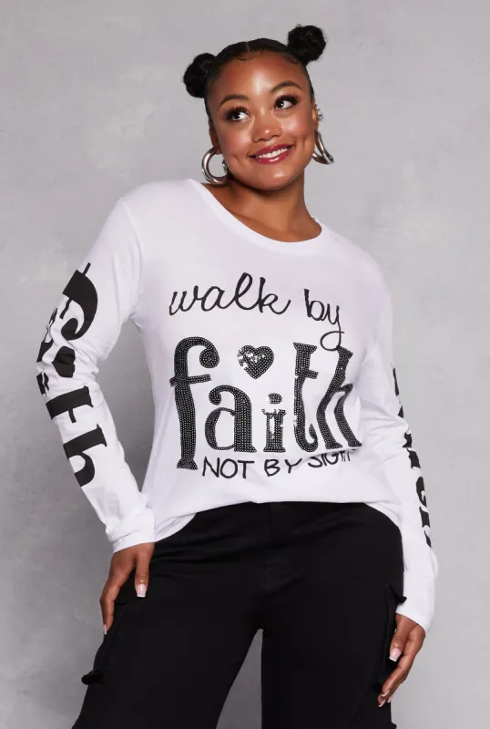 Plus Size Sequin Walk By Faith Graphic Tee sold by Rainbow