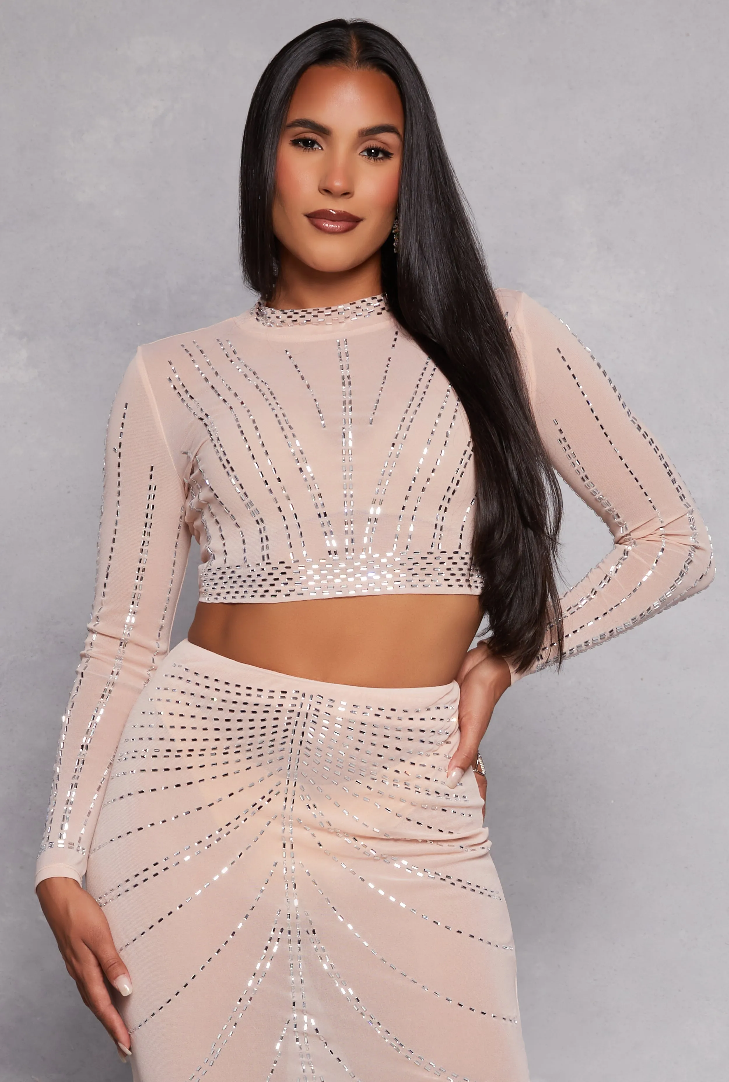 Mesh Embellished Long Sleeve Crop Top sold by Rainbow