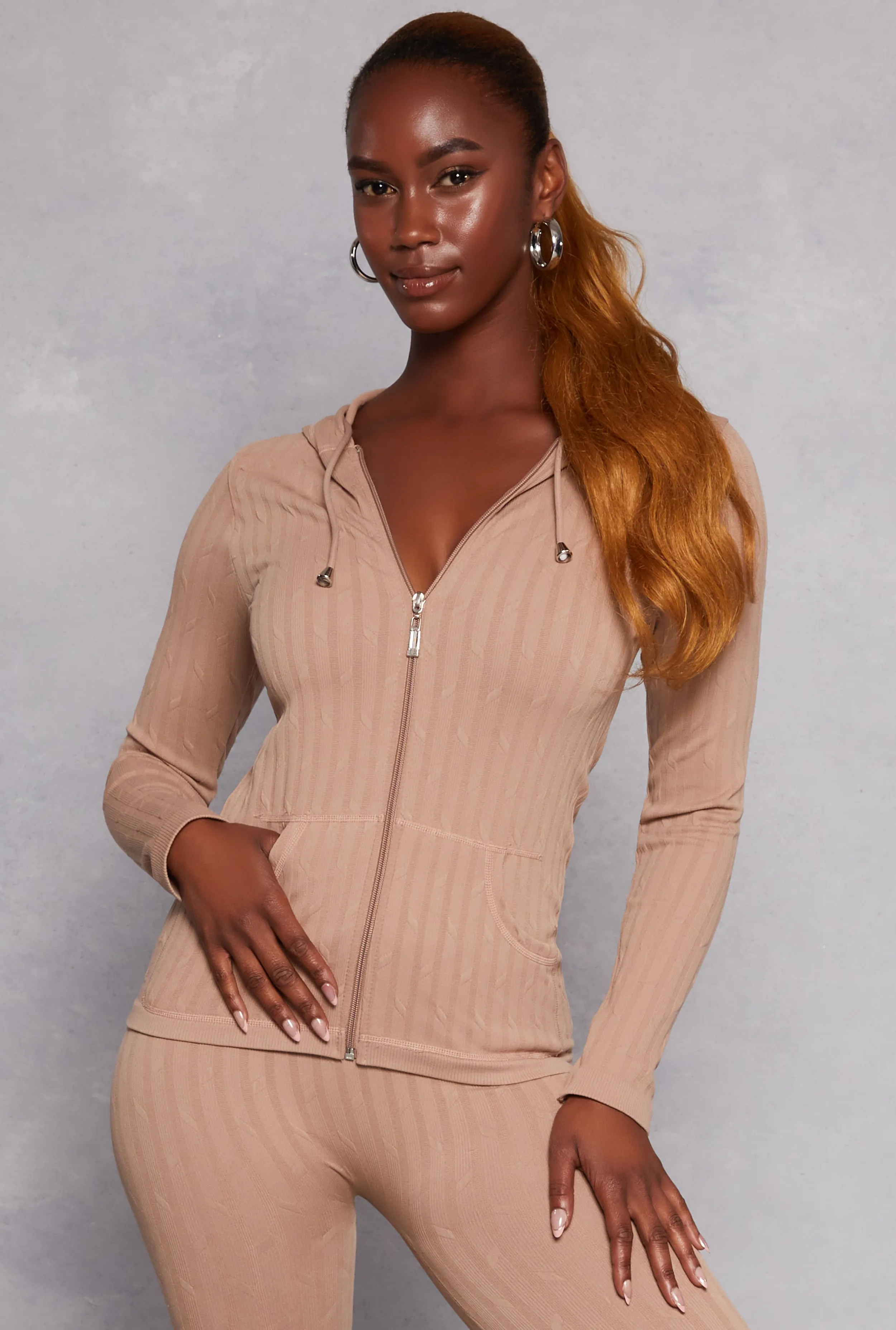 Seamless Textured Knit Zip Front Hoodie sold by Rainbow