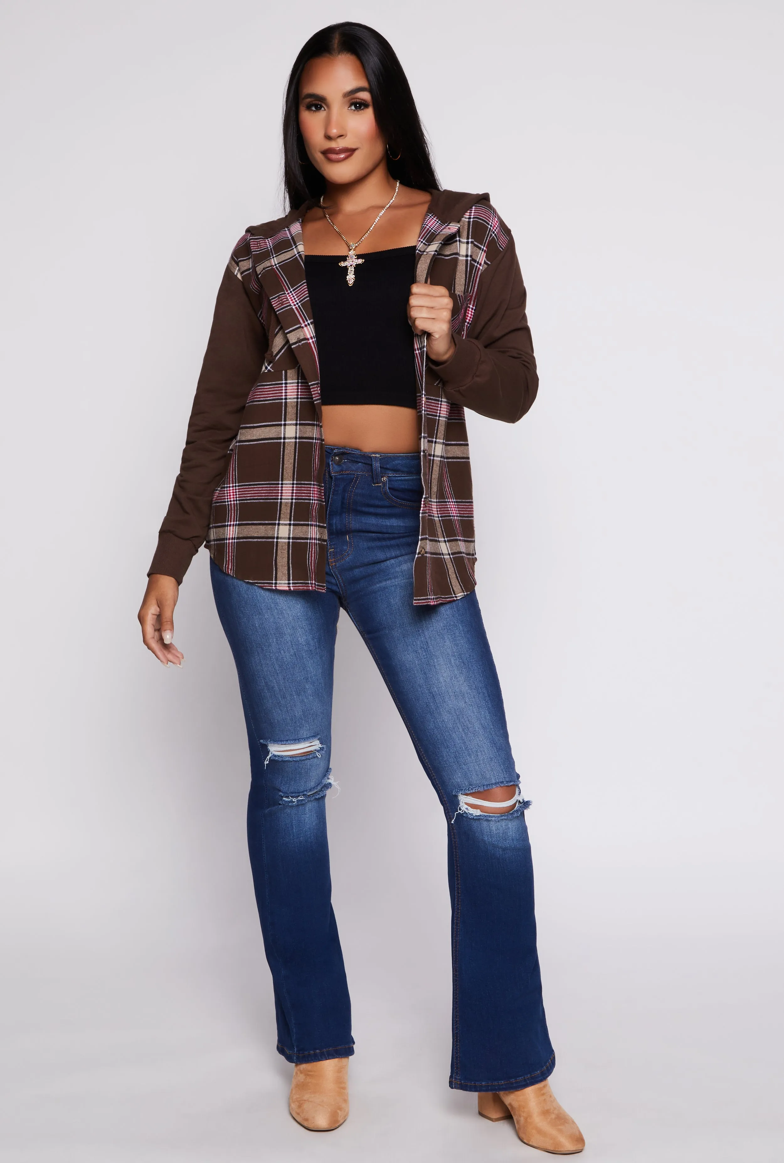 Plaid Button Front Hooded Shirt sold by Rainbow product image thumbnail 2