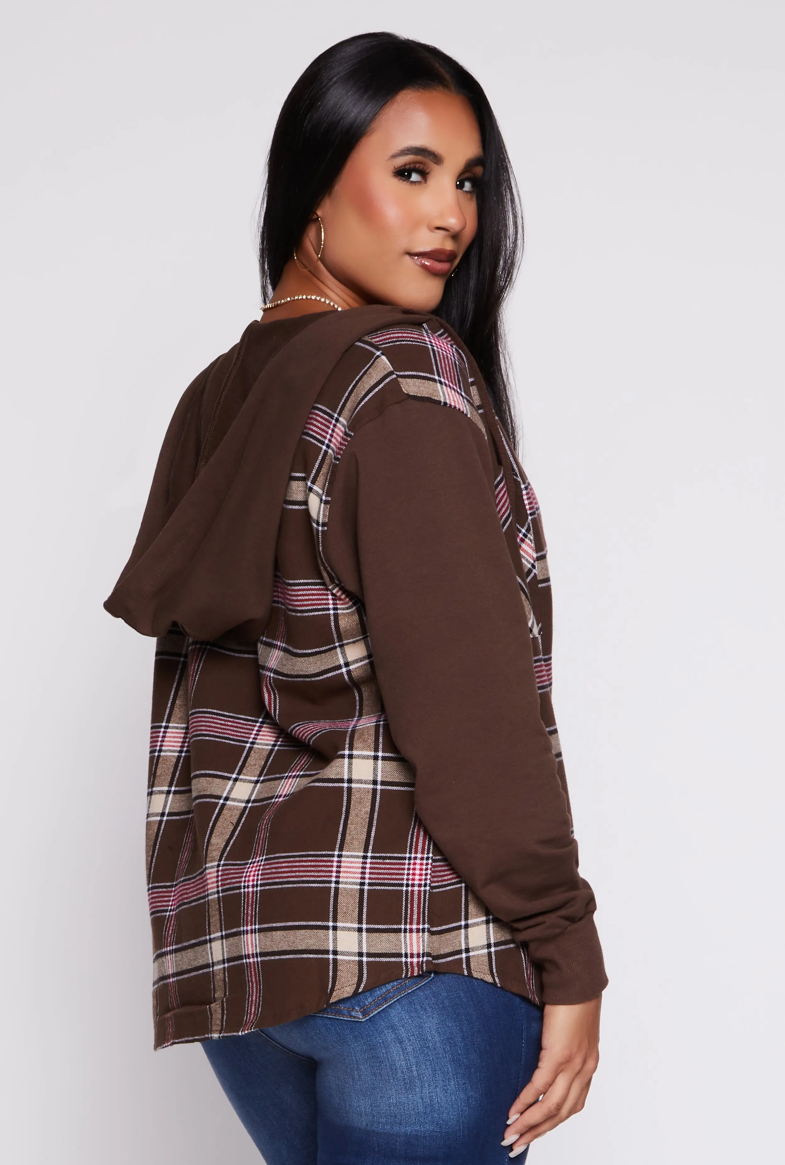 Plaid Button Front Hooded Shirt sold by Rainbow product image thumbnail 3