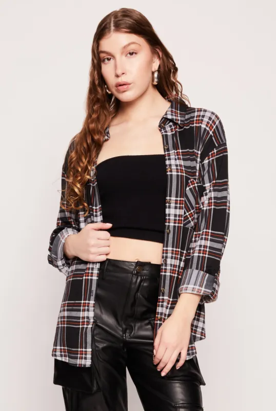 Plaid Button Front Tabbed Sleeve Shirt sold by Rainbow