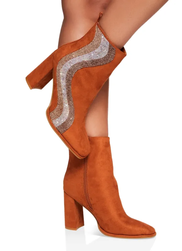 Rhinestone Swirl Block Heel Booties sold by Rainbow