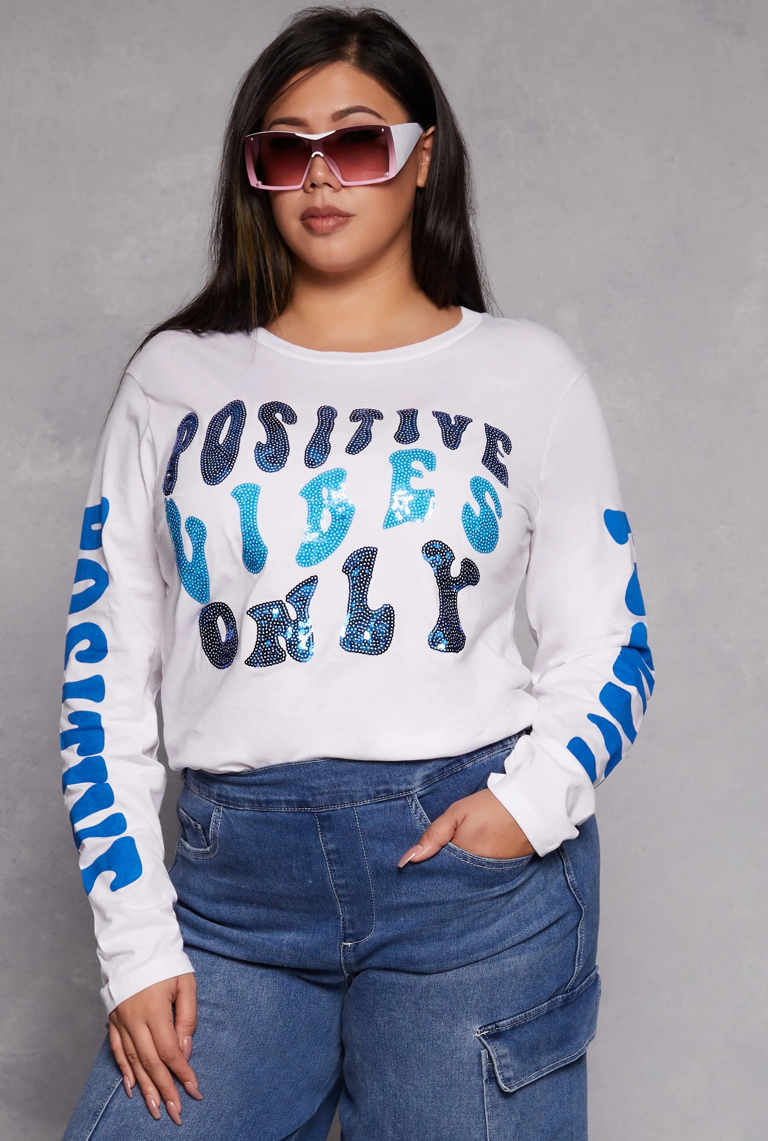 Plus Size Positive Vibes Only Sequin Long Sleeve Top sold by Rainbow product image thumbnail 3