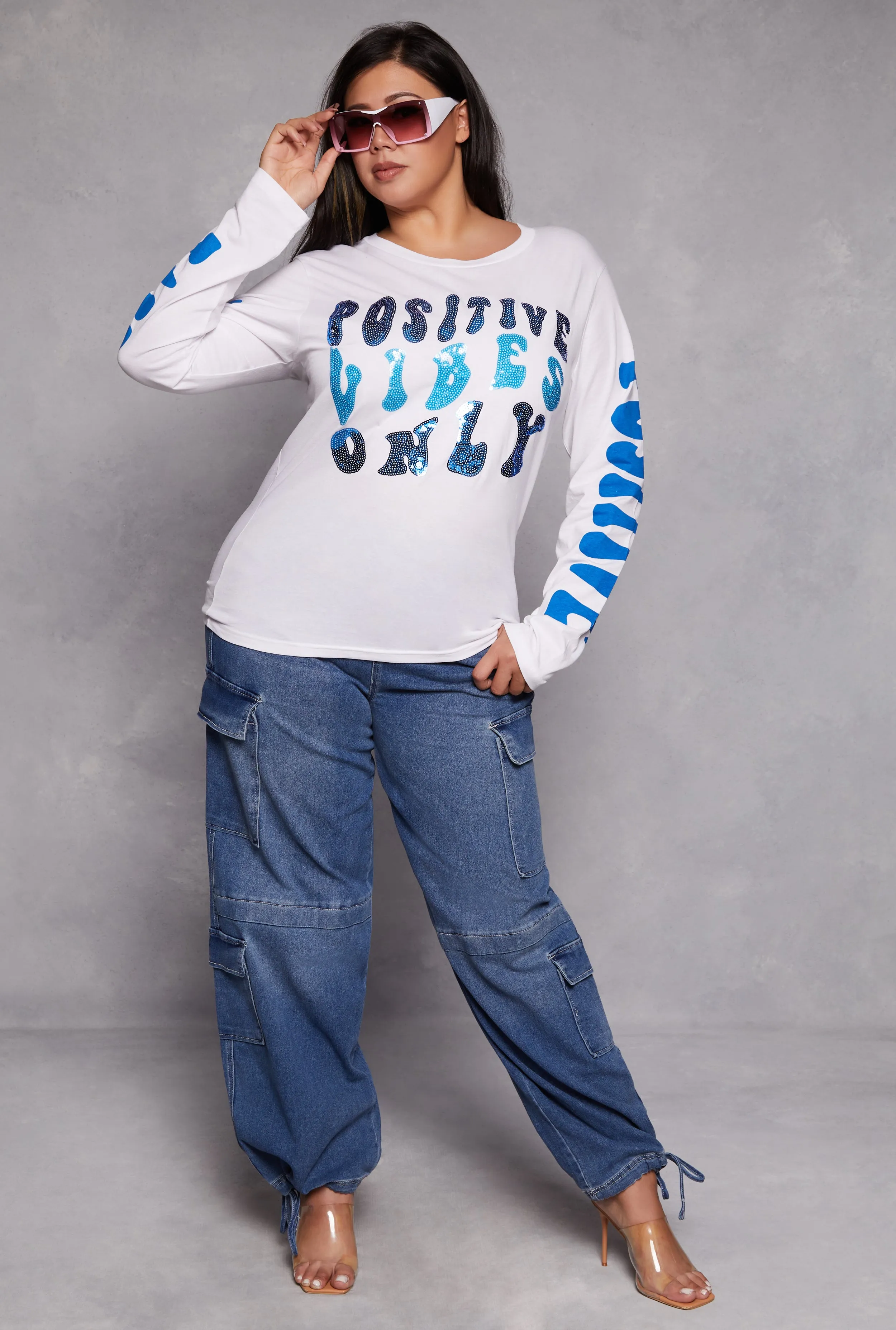 Plus Size Positive Vibes Only Sequin Long Sleeve Top sold by Rainbow product image thumbnail 2