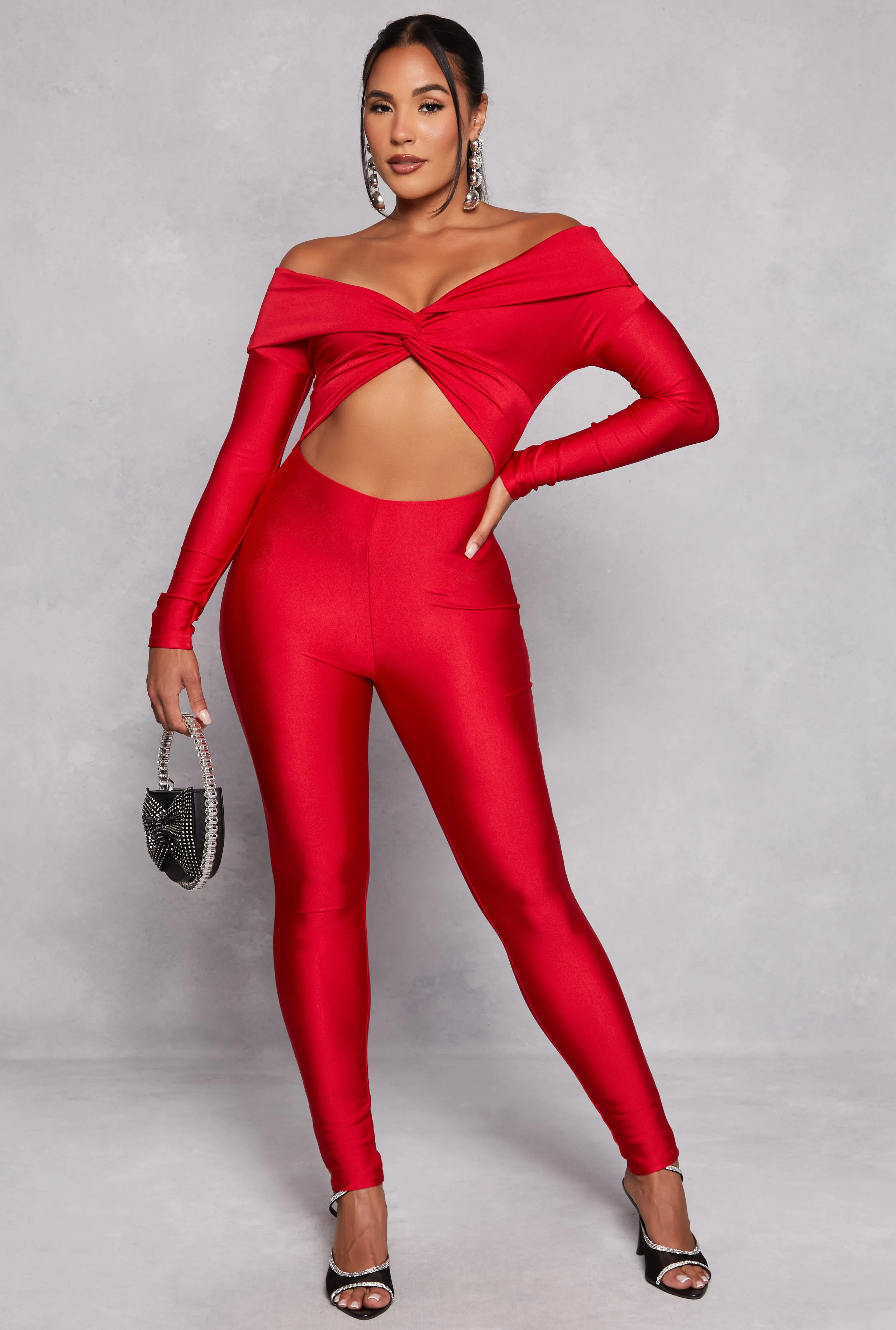 Spandex Twist Front Off the Shoulder Jumpsuit sold by Rainbow