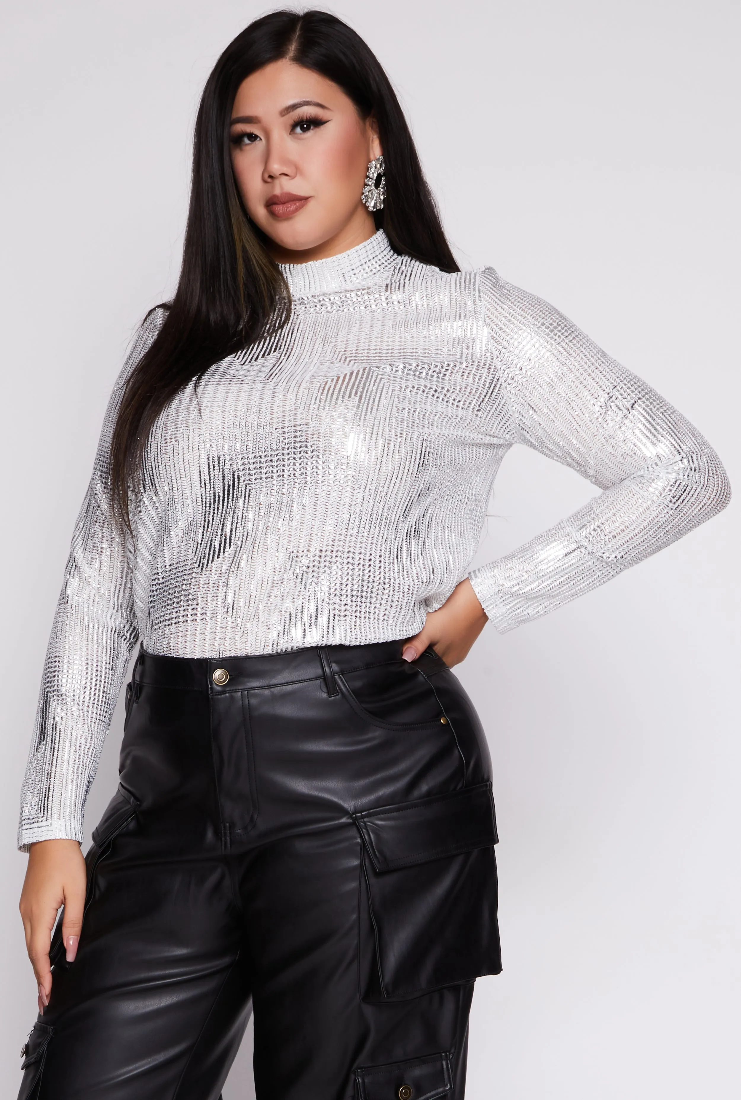 Plus Size Foil Screen Mock Neck Long Sleeve Top sold by Rainbow