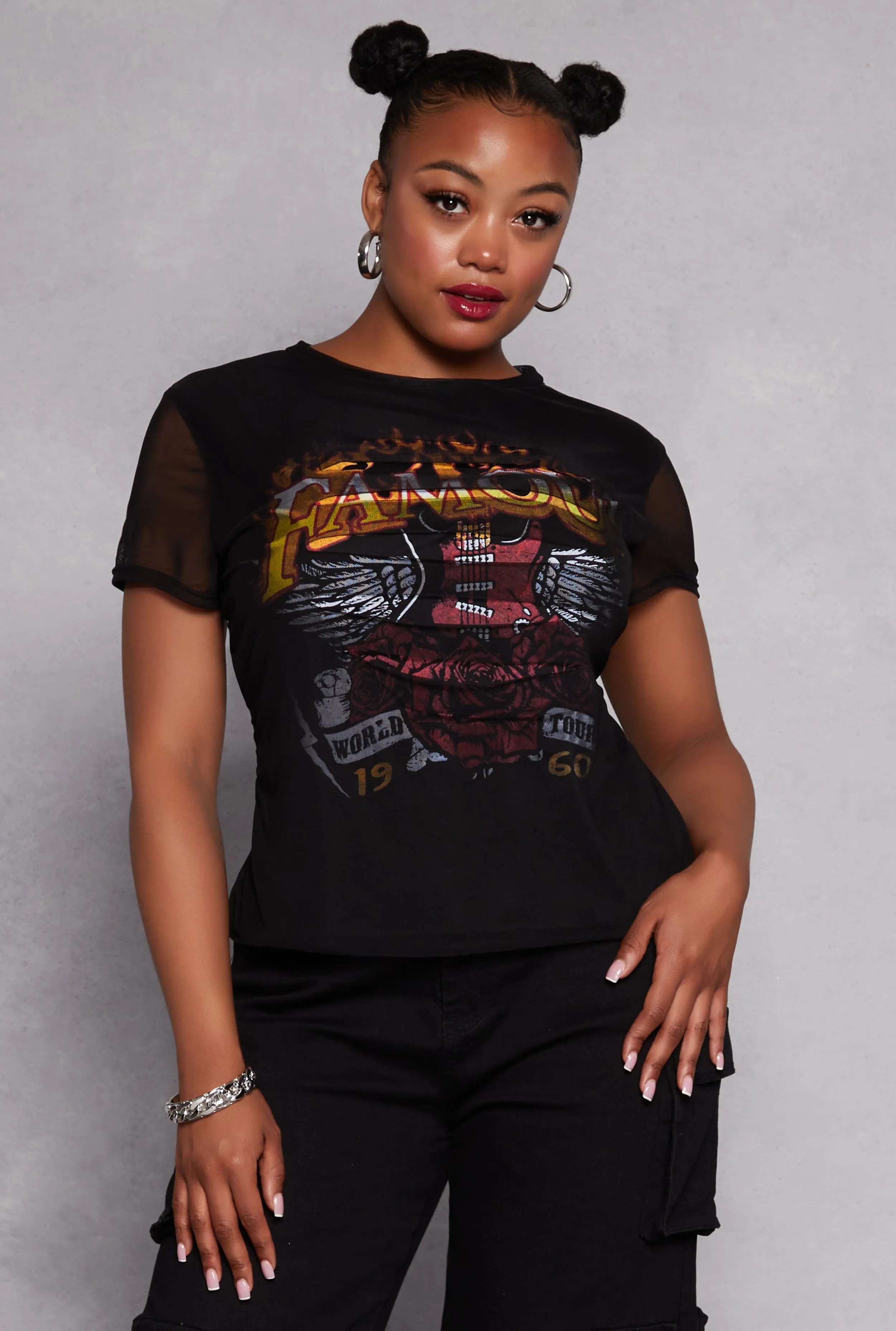 Plus Size Mesh Famous Laser Cut Graphic Tee sold by Rainbow