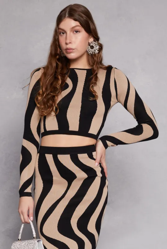 Abstract Striped Long Sleeve Crop Top sold by Rainbow