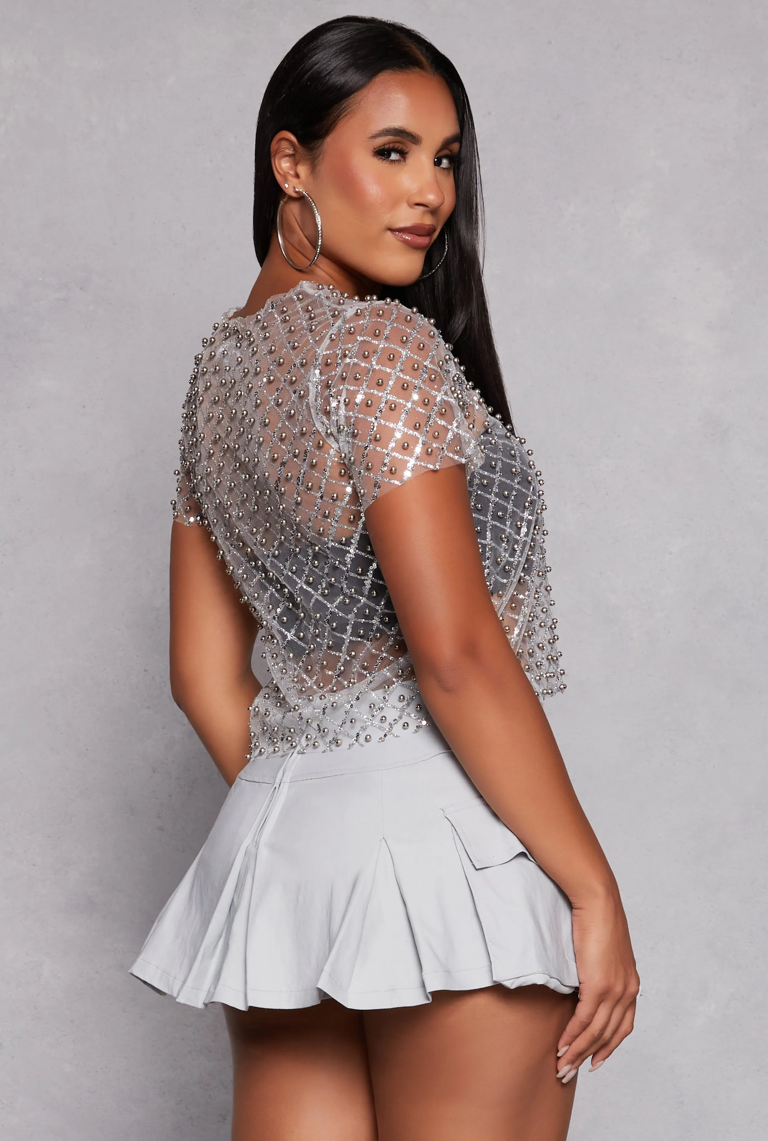 Mesh Faux Pearl Sequin Crop Top sold by Rainbow product image thumbnail 3