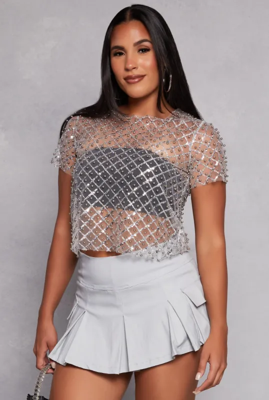 Mesh Faux Pearl Sequin Crop Top sold by Rainbow