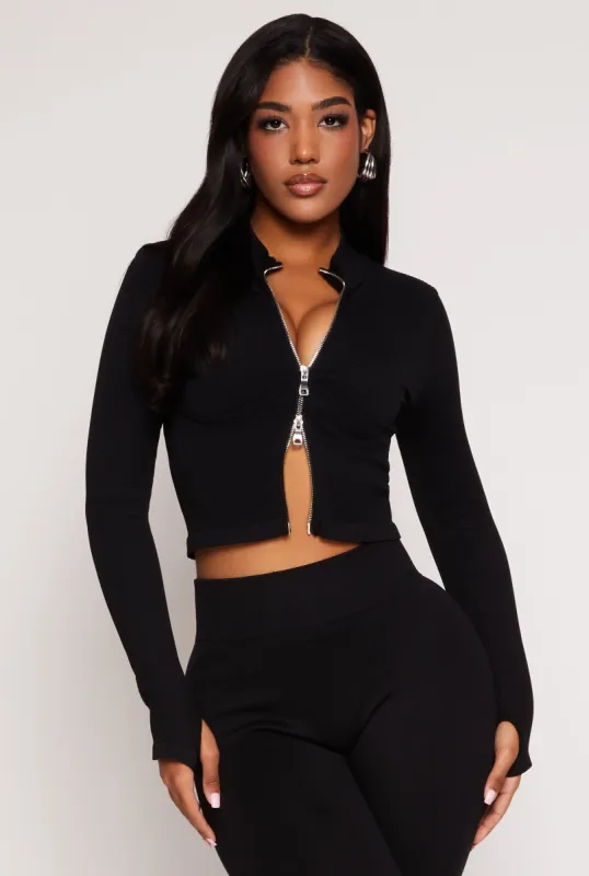 Solid Seamless Zip Front Cropped Track Jacket sold by Rainbow