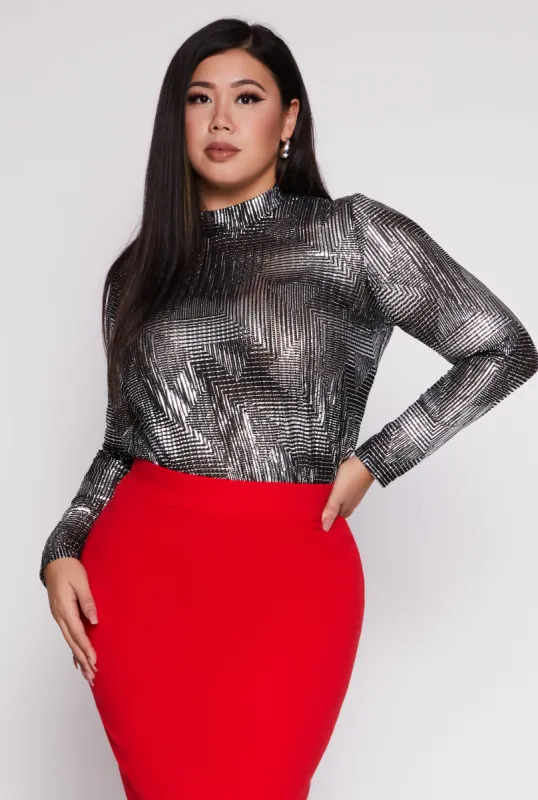 Plus Size Foil Screen Mock Neck Long Sleeve Top sold by Rainbow