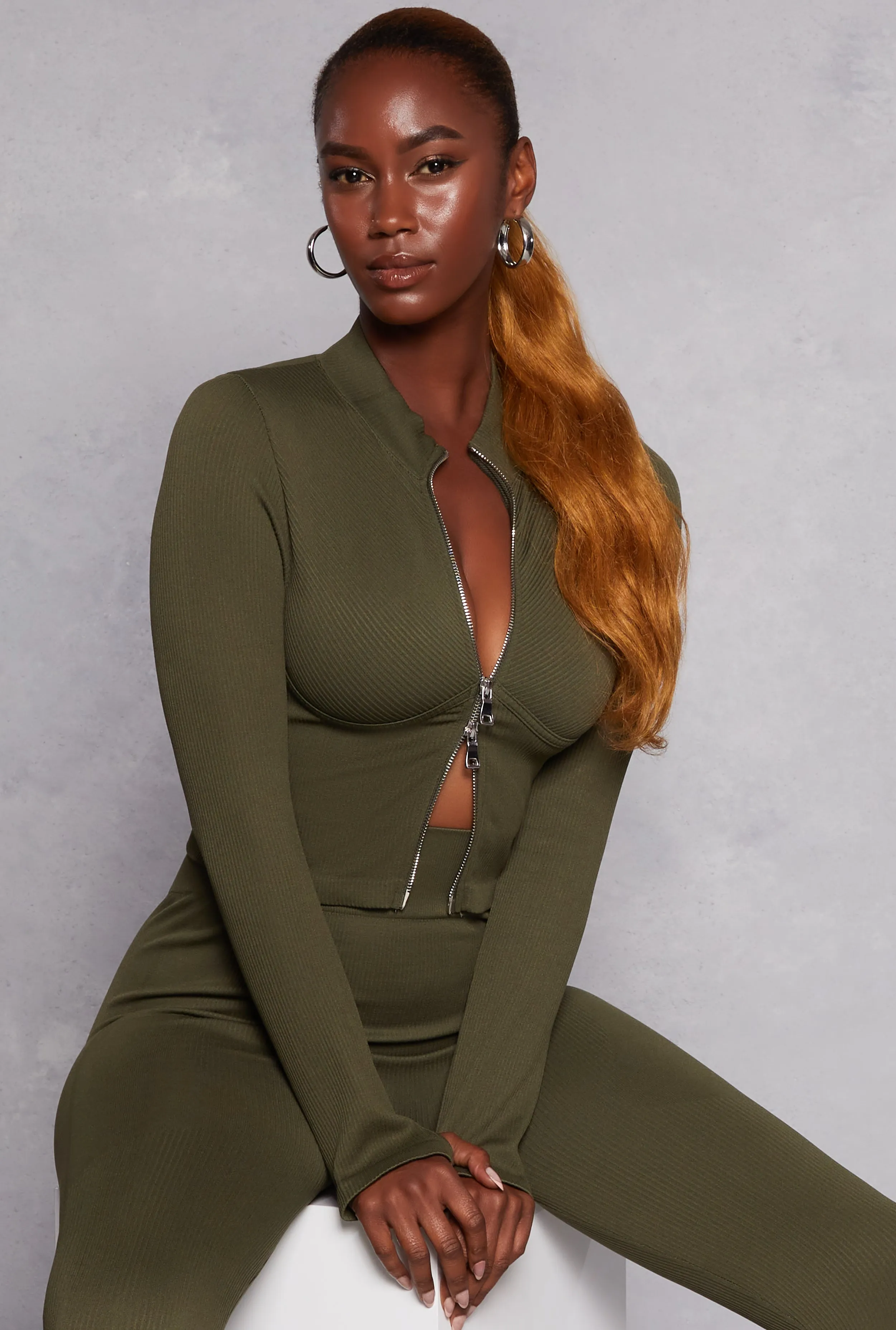 Solid Seamless Zip Front Cropped Track Jacket sold by Rainbow