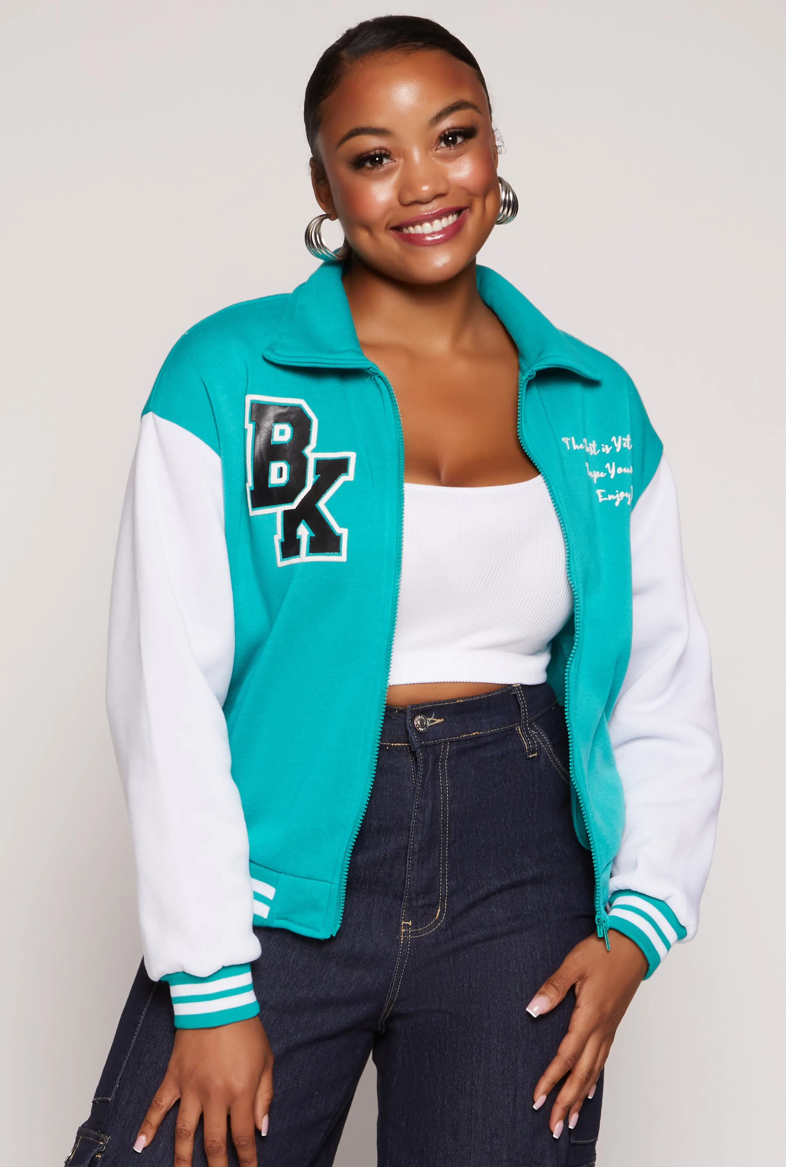 Plus Size BK Graphic Zip Front Letterman Jacket sold by Rainbow