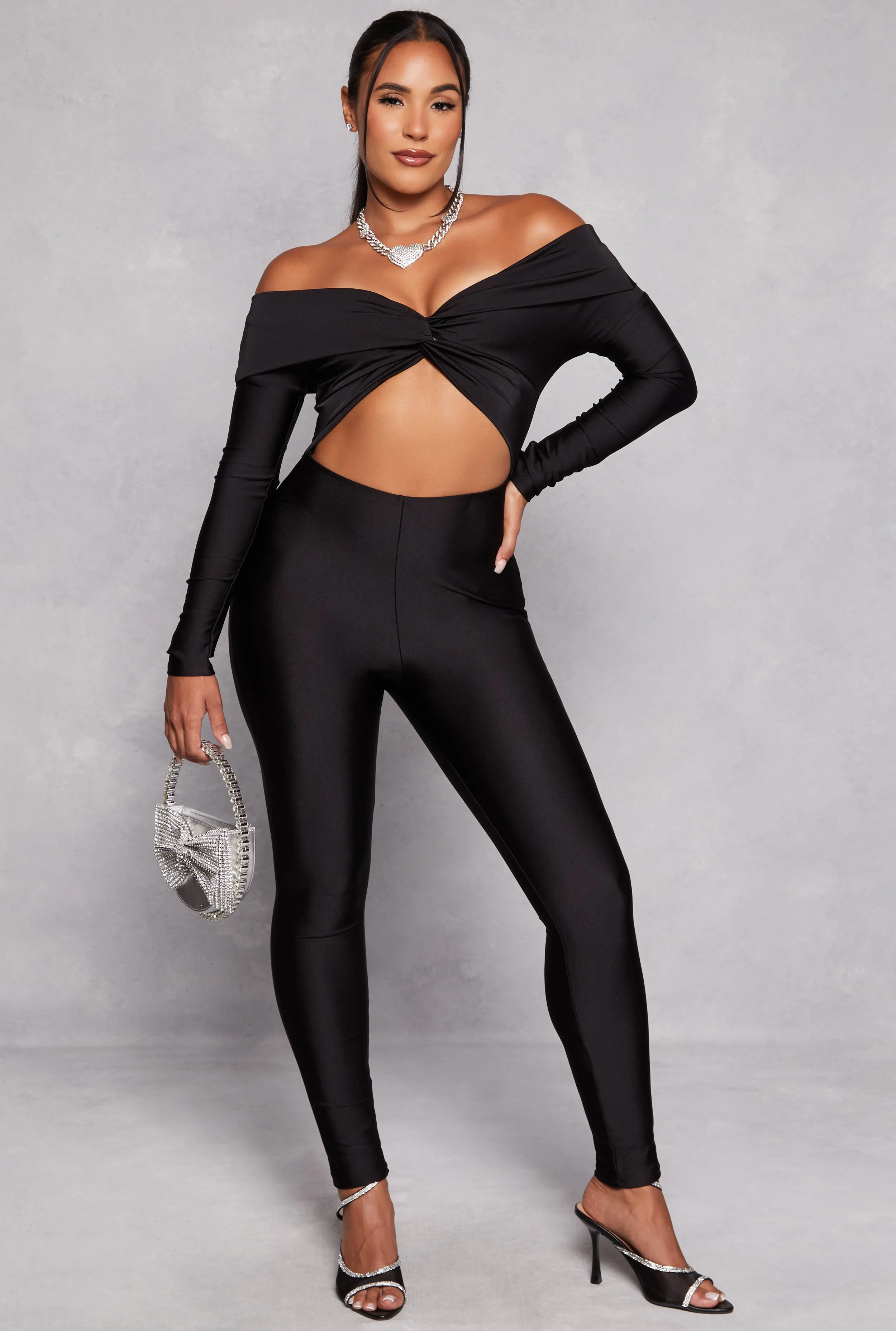 Spandex Twist Front Off the Shoulder Jumpsuit sold by Rainbow