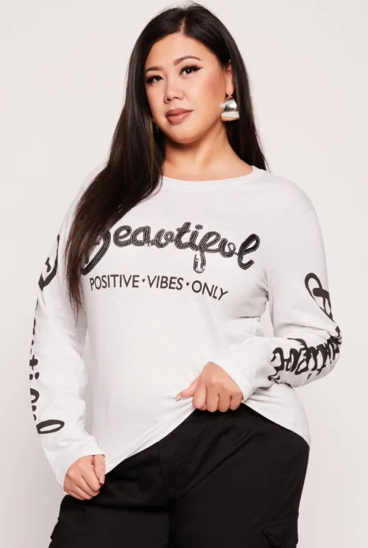 Plus Size Beautiful Positve Vibes Only Sequin Long Sleeve Top sold by Rainbow