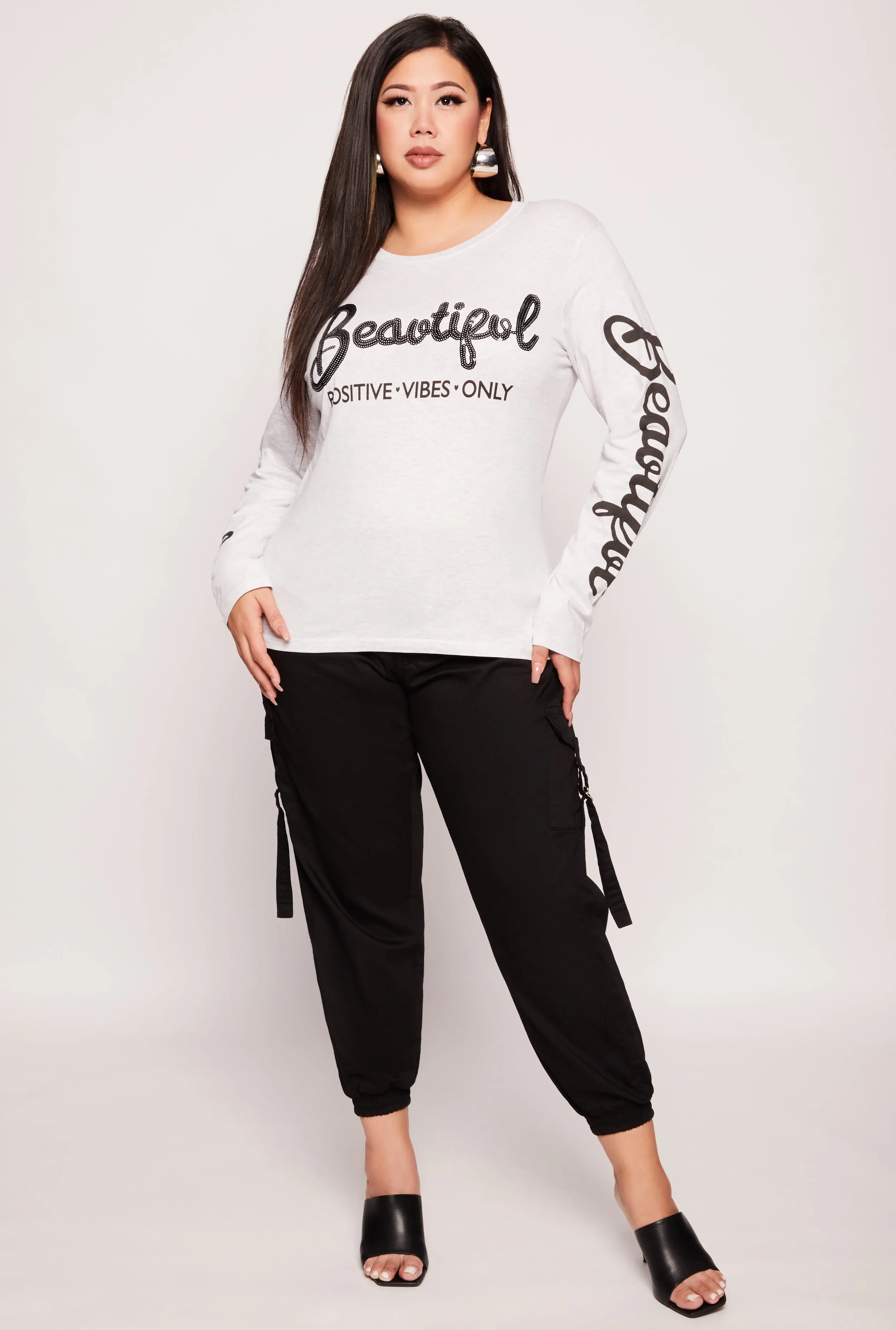 Plus Size Beautiful Positve Vibes Only Sequin Long Sleeve Top sold by Rainbow product image thumbnail 2