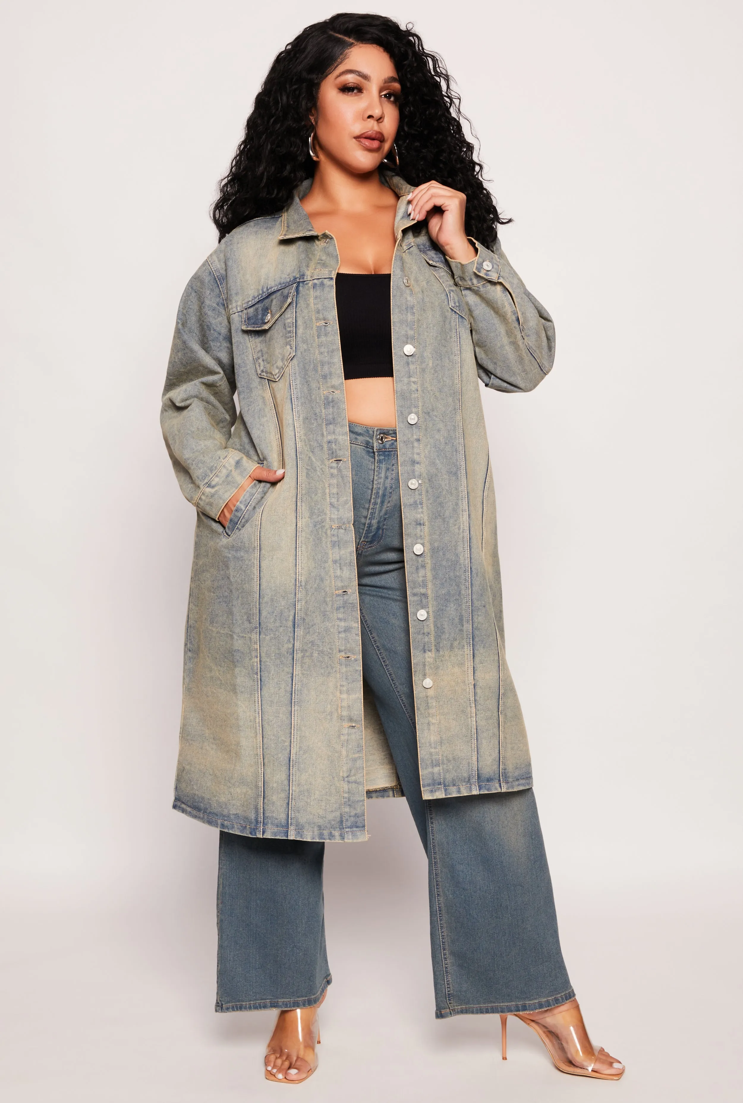 Plus Size Light Wash Longline Jean Jacket sold by Rainbow
