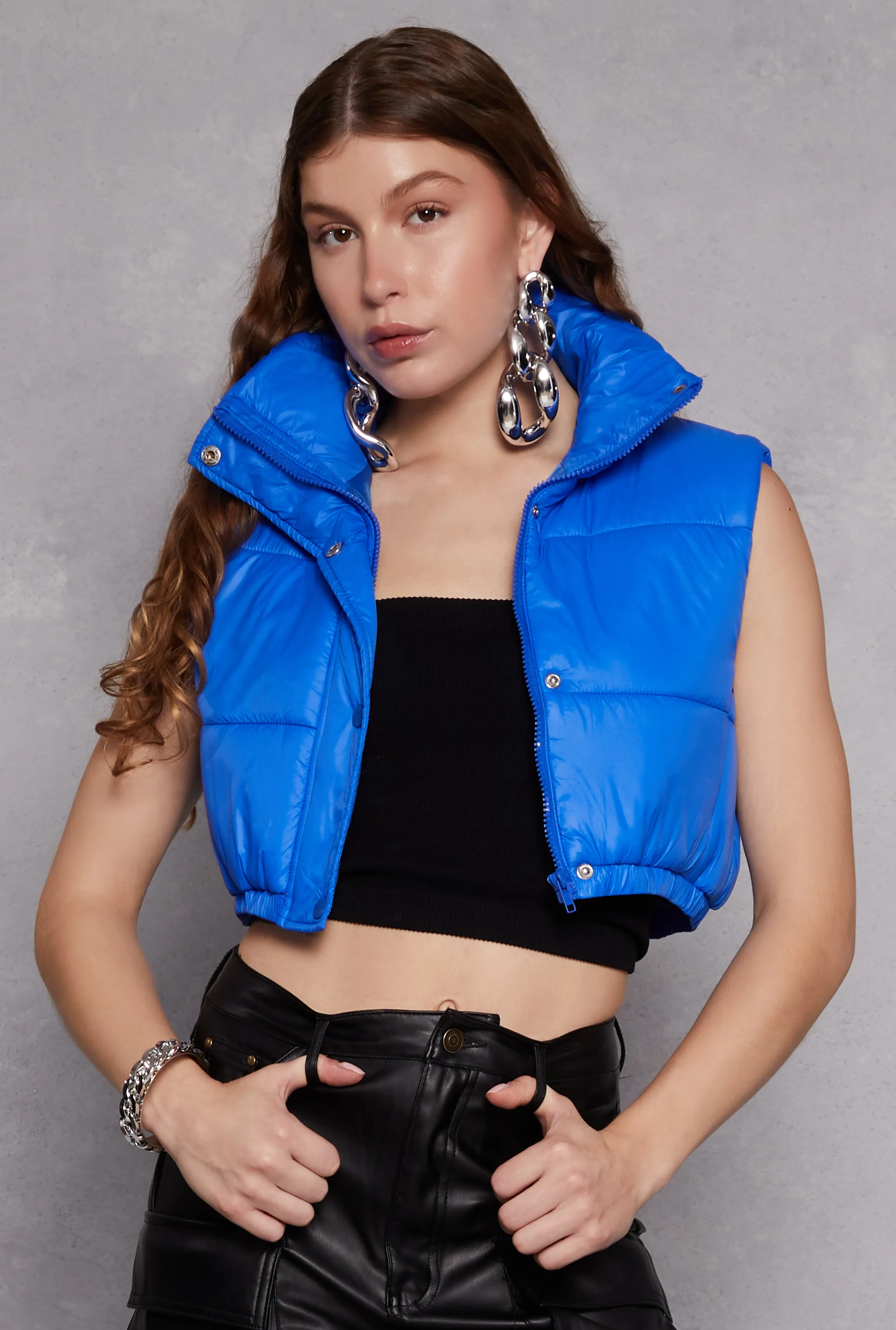 Daisy Snap Button Zip Front Cropped Puffer Vest sold by Rainbow