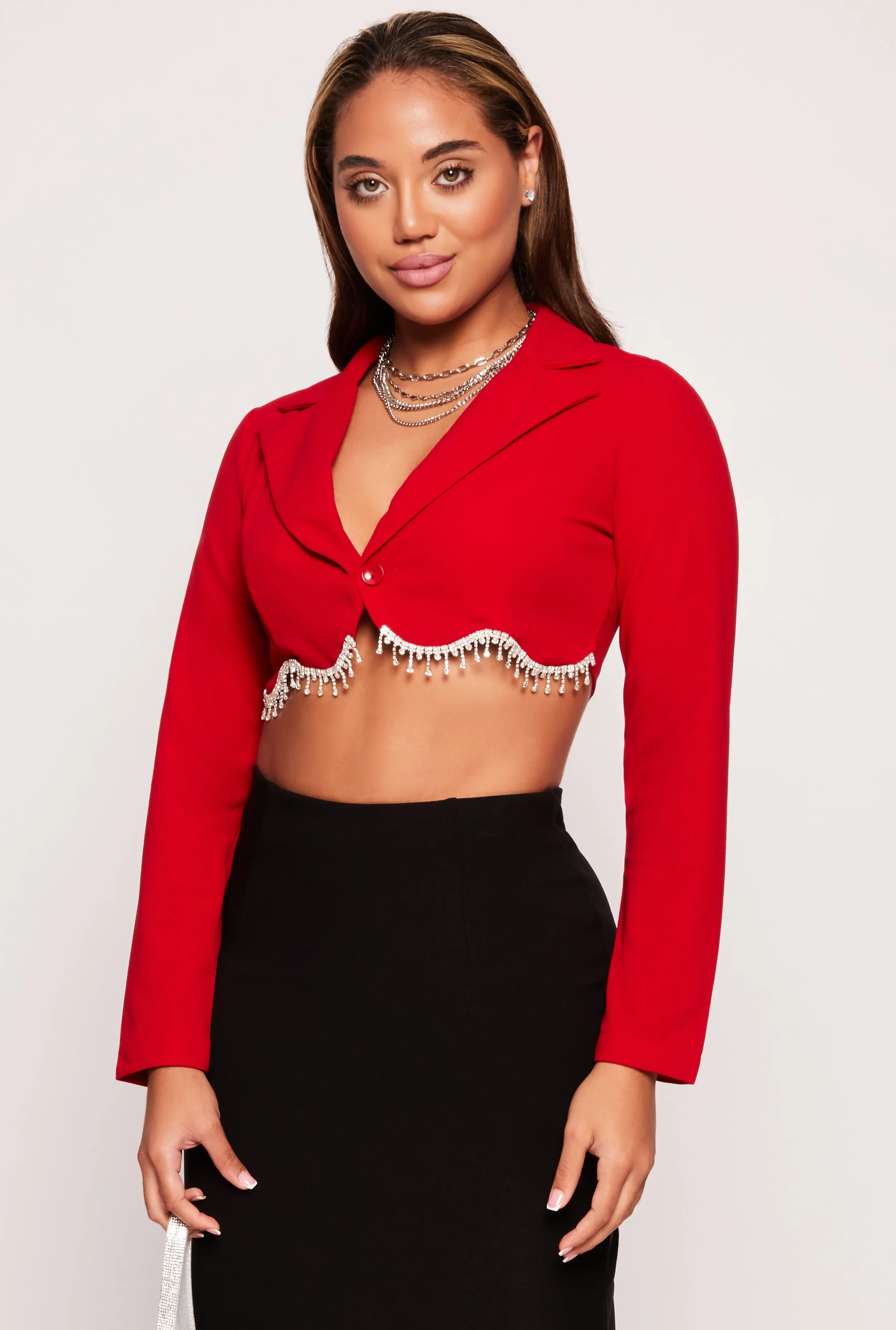 Rhinestone Fringe Trim Cropped Blazer sold by Rainbow