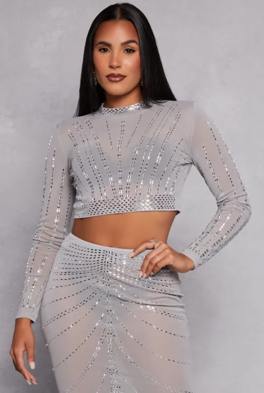 Mesh Embellished Long Sleeve Crop Top sold by Rainbow