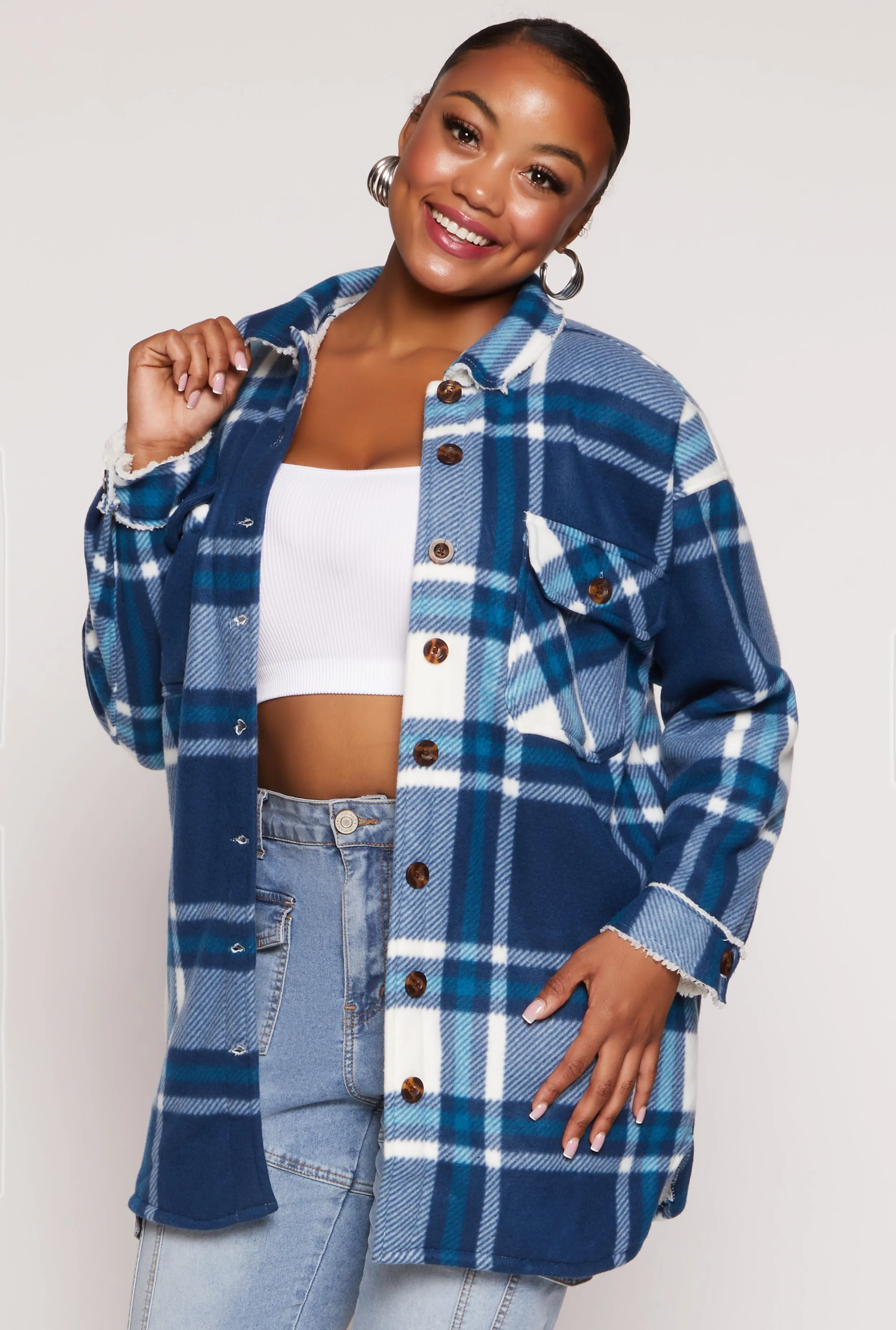 Plus Size Plaid Sherpa Lined Button Front Shacket sold by Rainbow