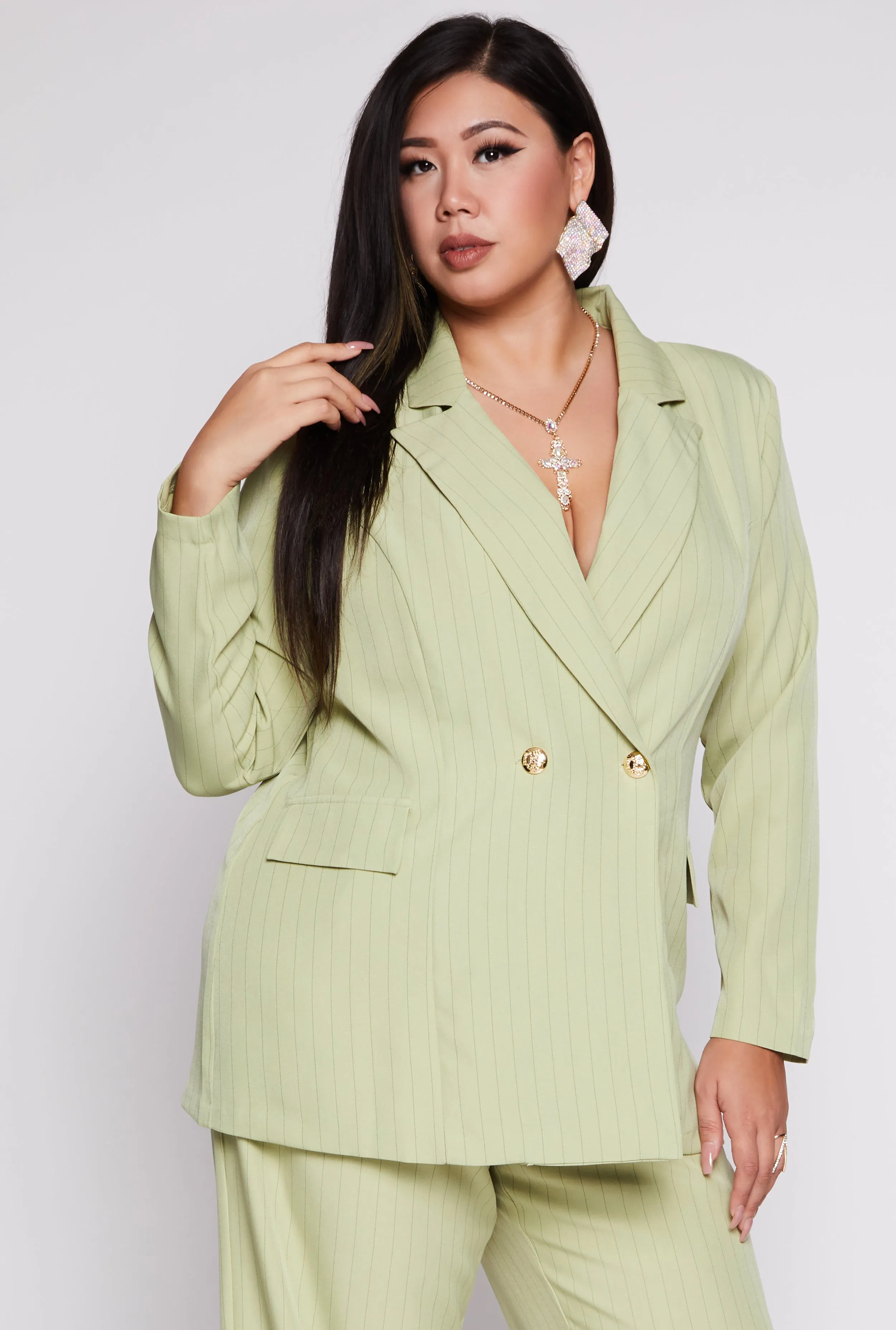 Plus Size Pinstripe Padded Shoulder Blazer sold by Rainbow