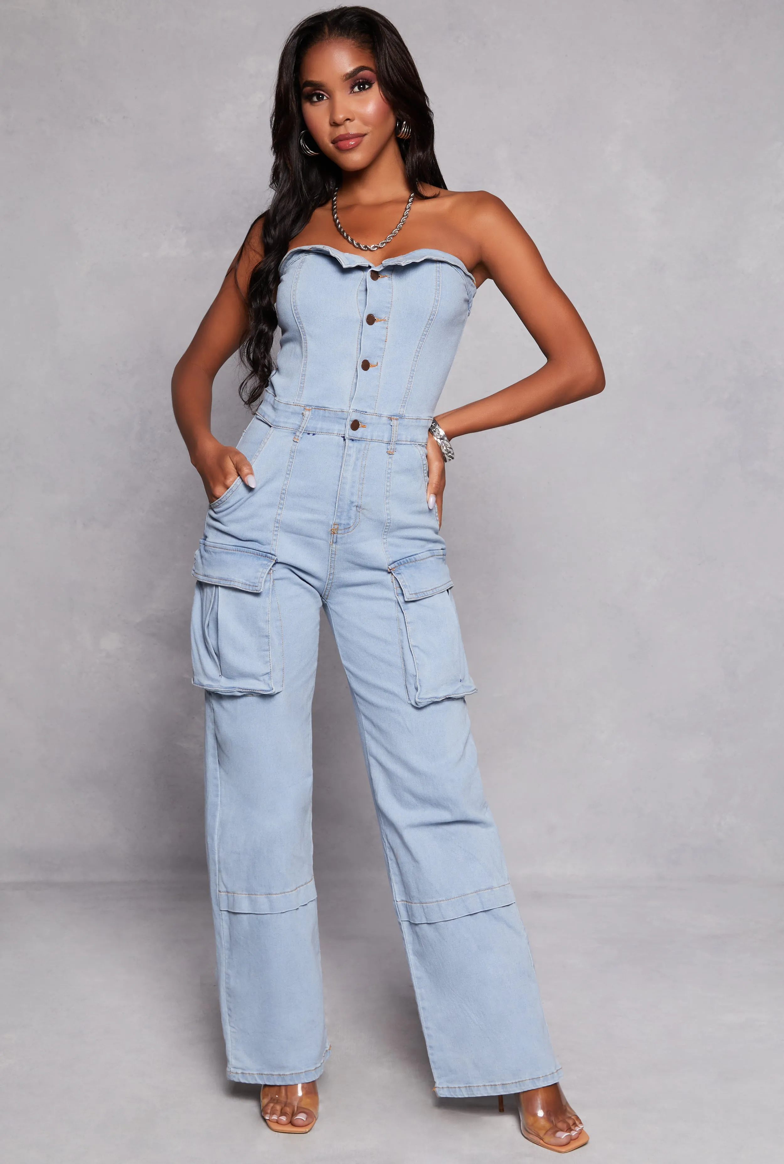 Daisy Strapless Denim Cargo Jumpsuit sold by Rainbow