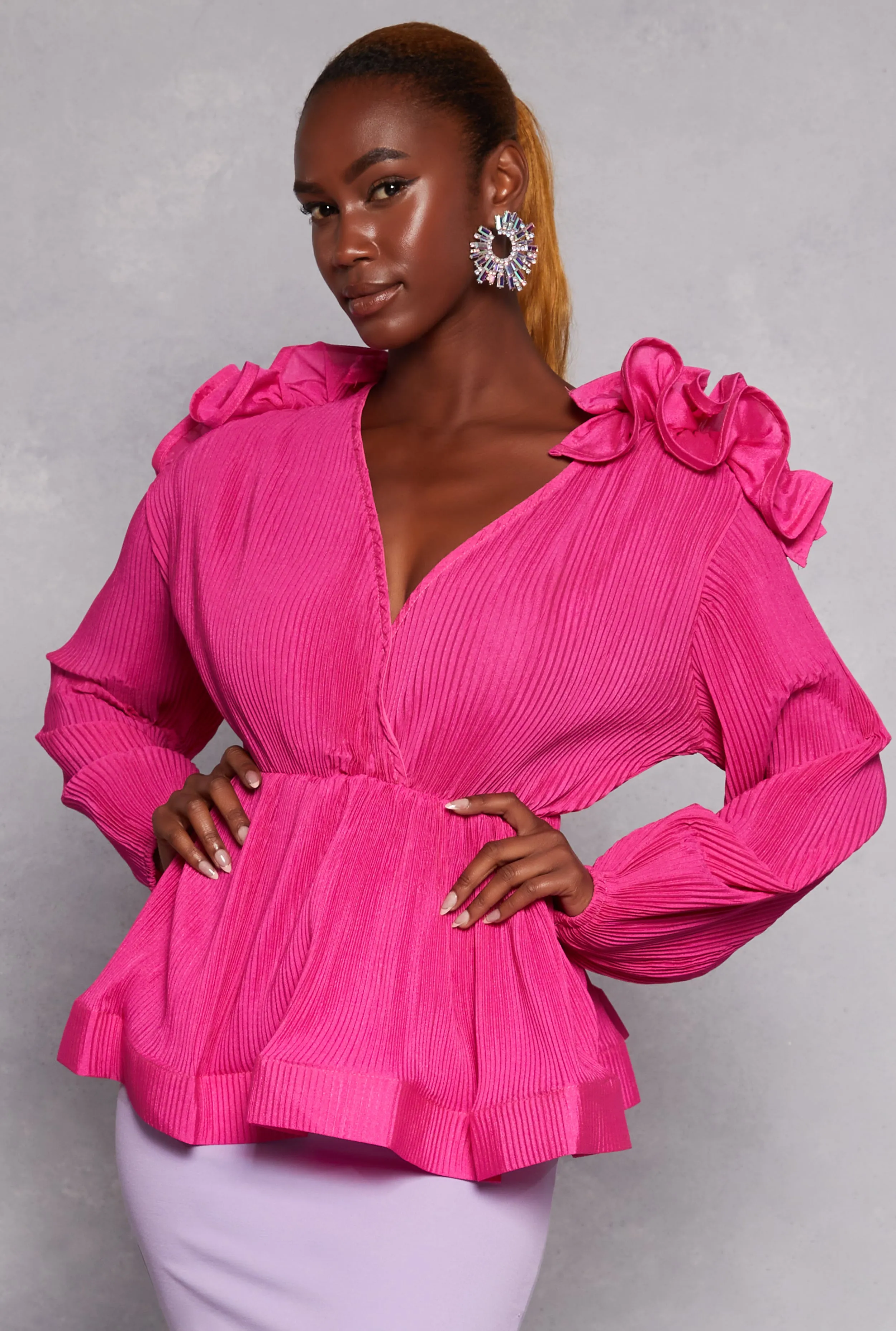 Plisse Abstract Sleeve Detail Peplum Blouse sold by Rainbow