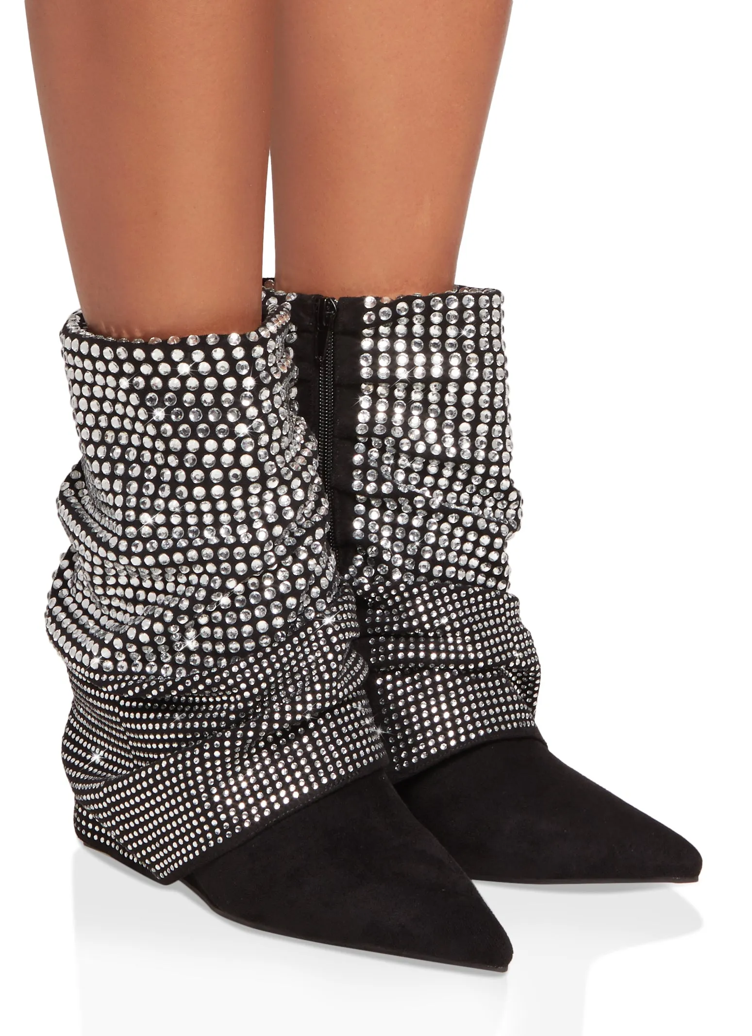 Faux Suede Rhinestone Fold Over Wedge Booties sold by Rainbow product image thumbnail 2