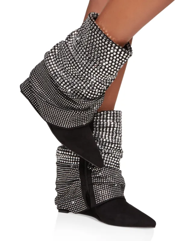 Faux Suede Rhinestone Fold Over Wedge Booties sold by Rainbow