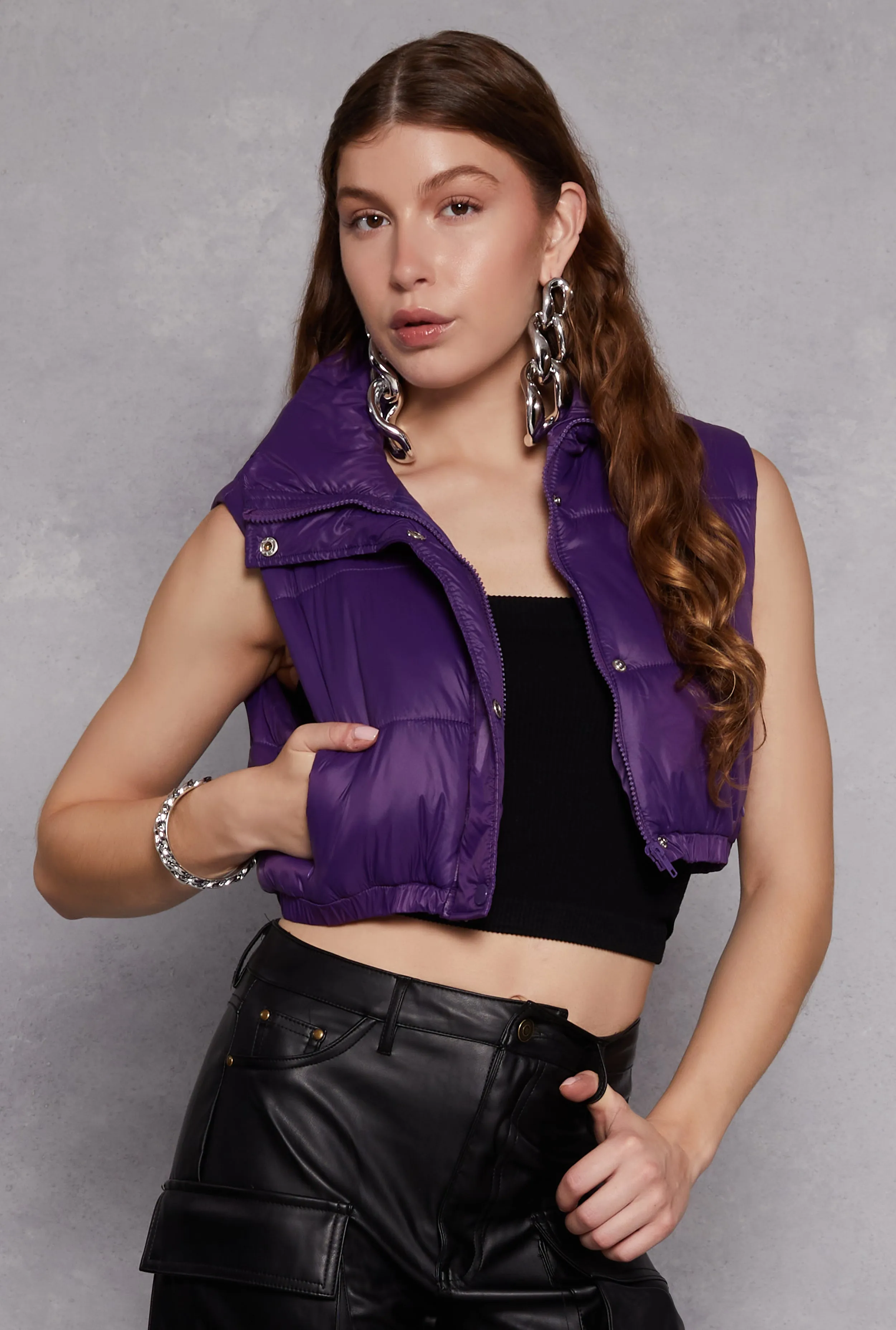 Daisy Snap Button Zip Front Cropped Puffer Vest sold by Rainbow