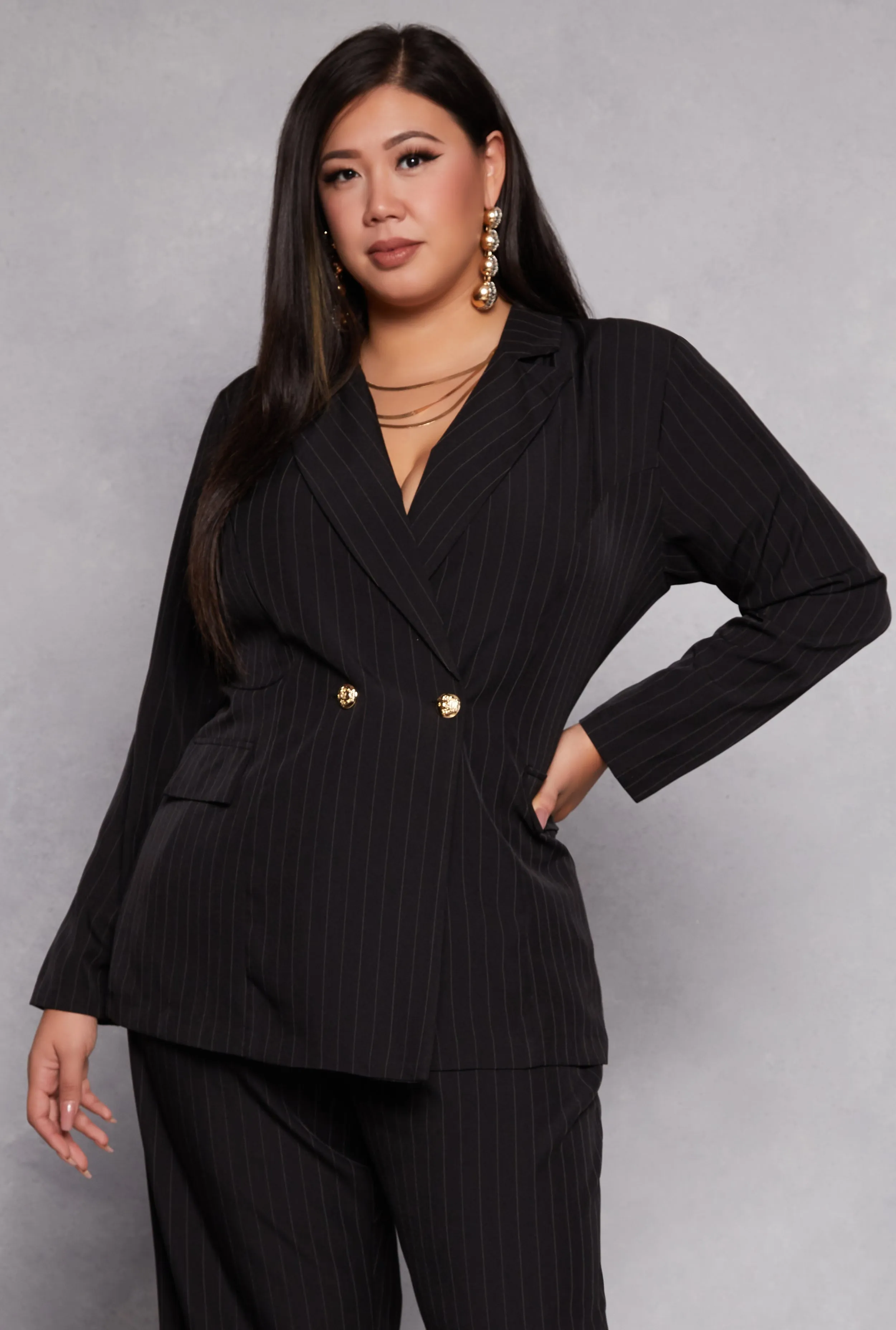 Plus Size Pinstripe Padded Shoulder Blazer sold by Rainbow