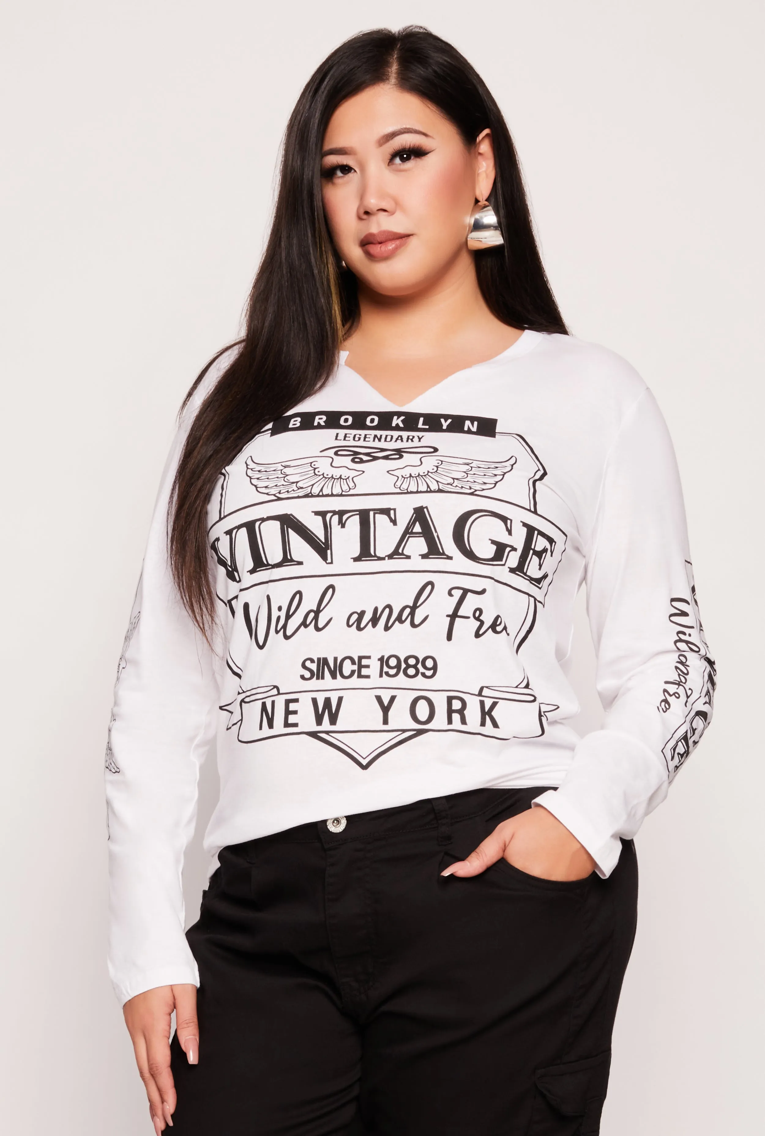 Plus Size Brooklyn Vintage Graphic Long Sleeve Top sold by Rainbow
