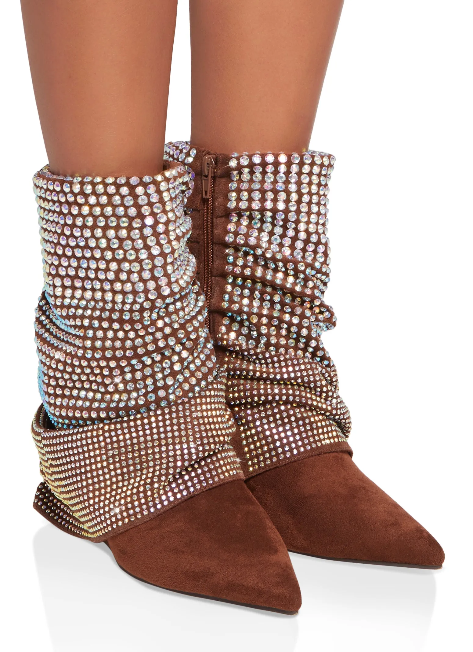 Faux Suede Rhinestone Fold Over Wedge Booties sold by Rainbow product image thumbnail 2