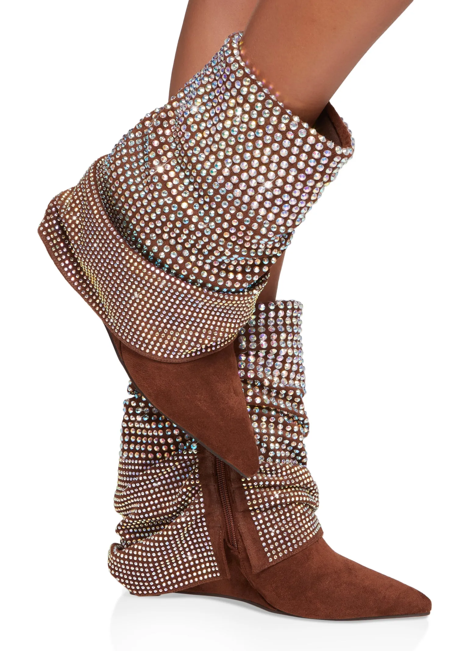 Faux Suede Rhinestone Fold Over Wedge Booties sold by Rainbow