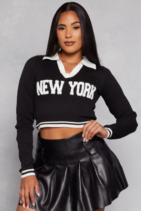 Ribbed New York Chenille Graphic Cropped Sweater sold by Rainbow