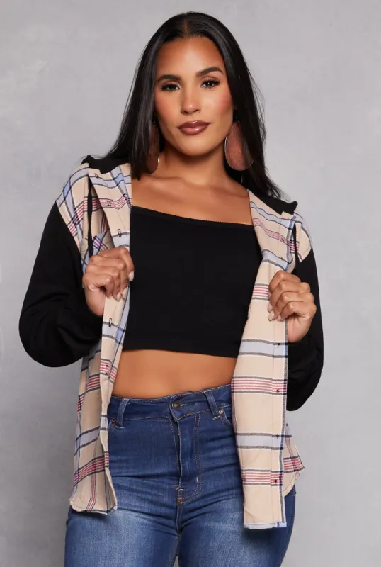 Plaid Button Front Hooded Shirt sold by Rainbow