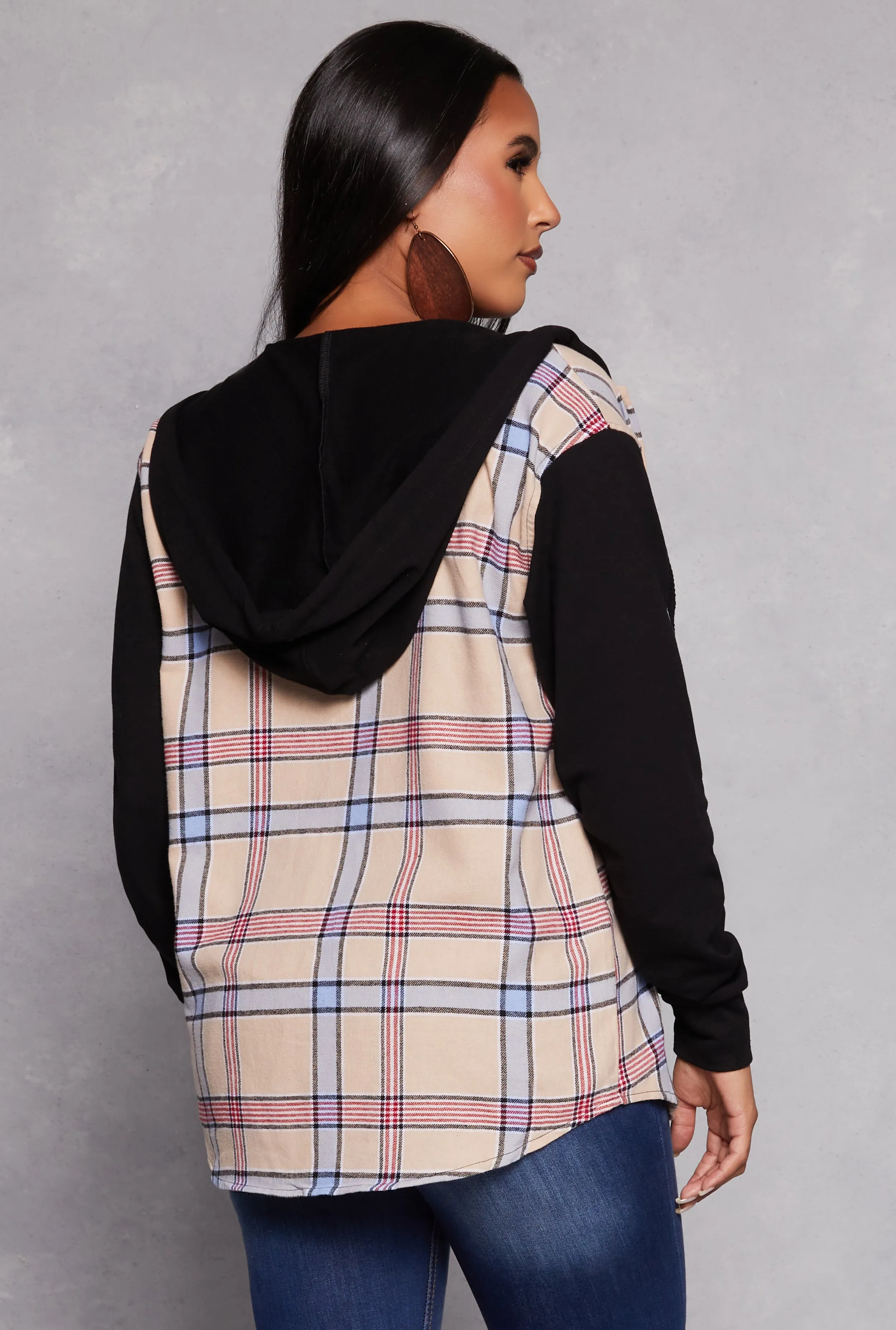 Plaid Button Front Hooded Shirt sold by Rainbow product image thumbnail 3