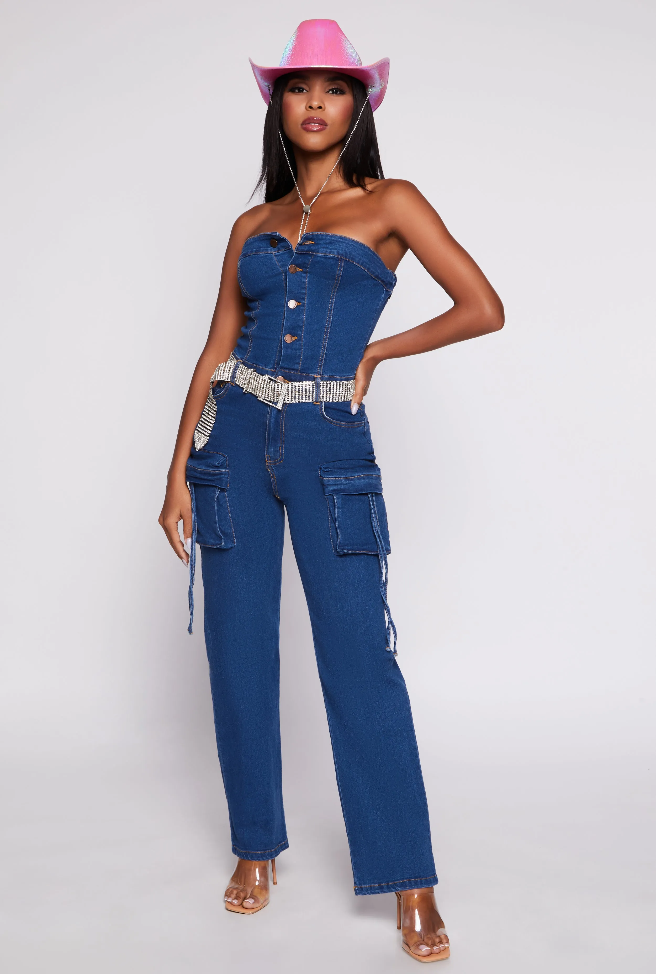 Daisy Denim Cargo Strapless Jumpsuit sold by Rainbow