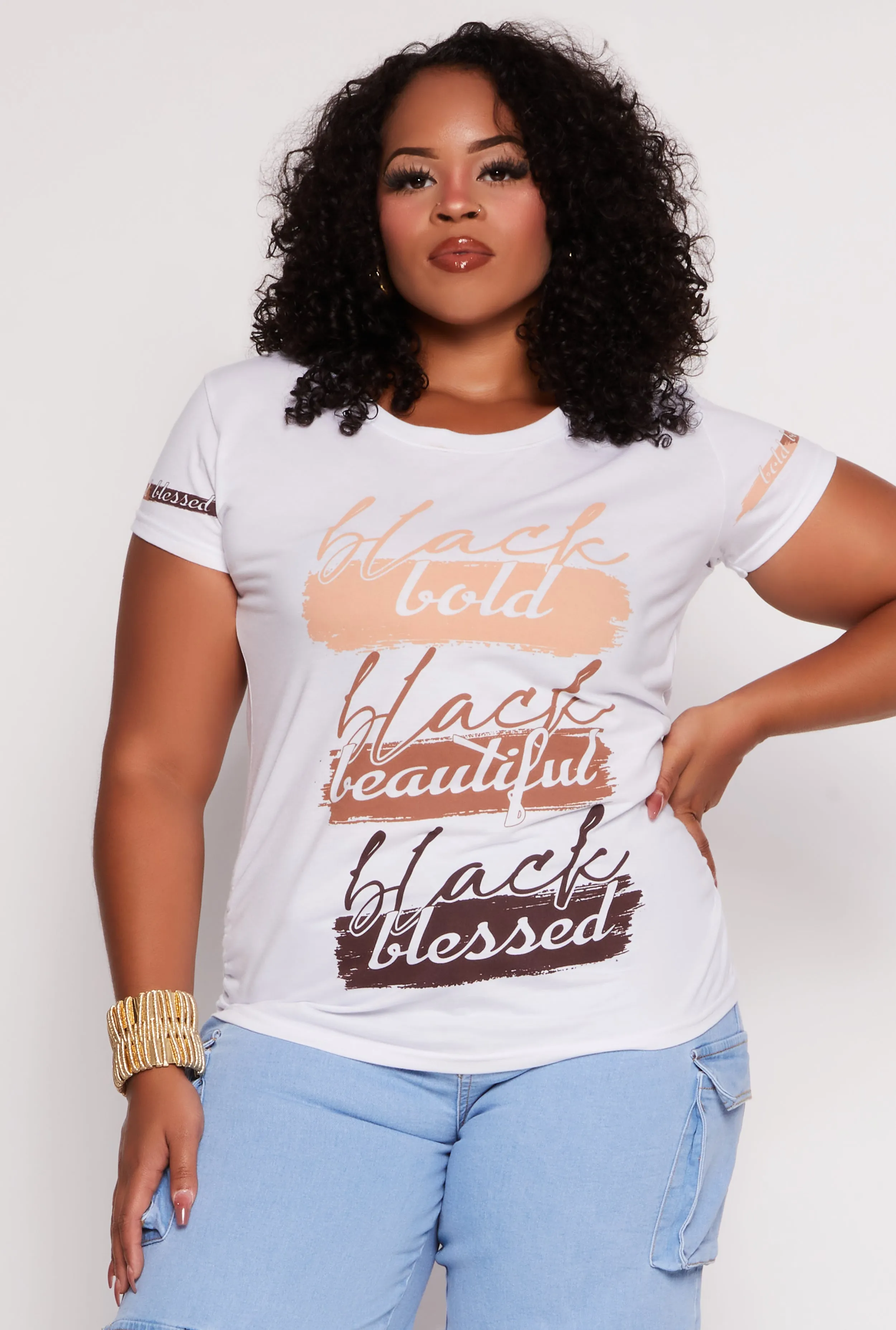 Plus Size Bold Beautiful Blessed Ruched Graphic Tee sold by Rainbow