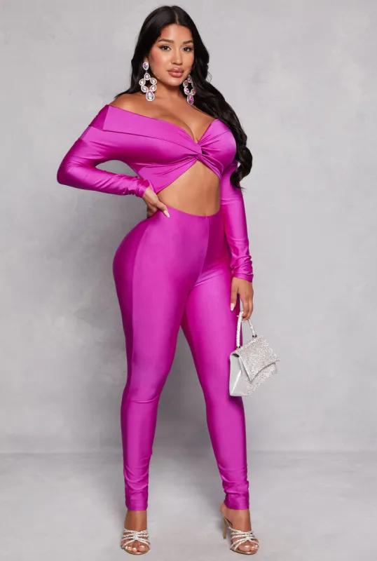 Spandex Twist Front Off the Shoulder Jumpsuit sold by Rainbow