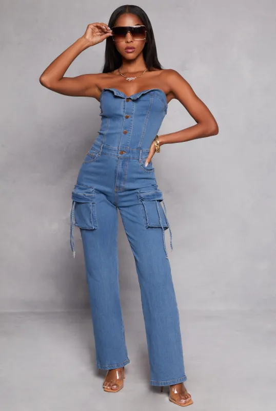 Daisy Denim Cargo Strapless Jumpsuit sold by Rainbow